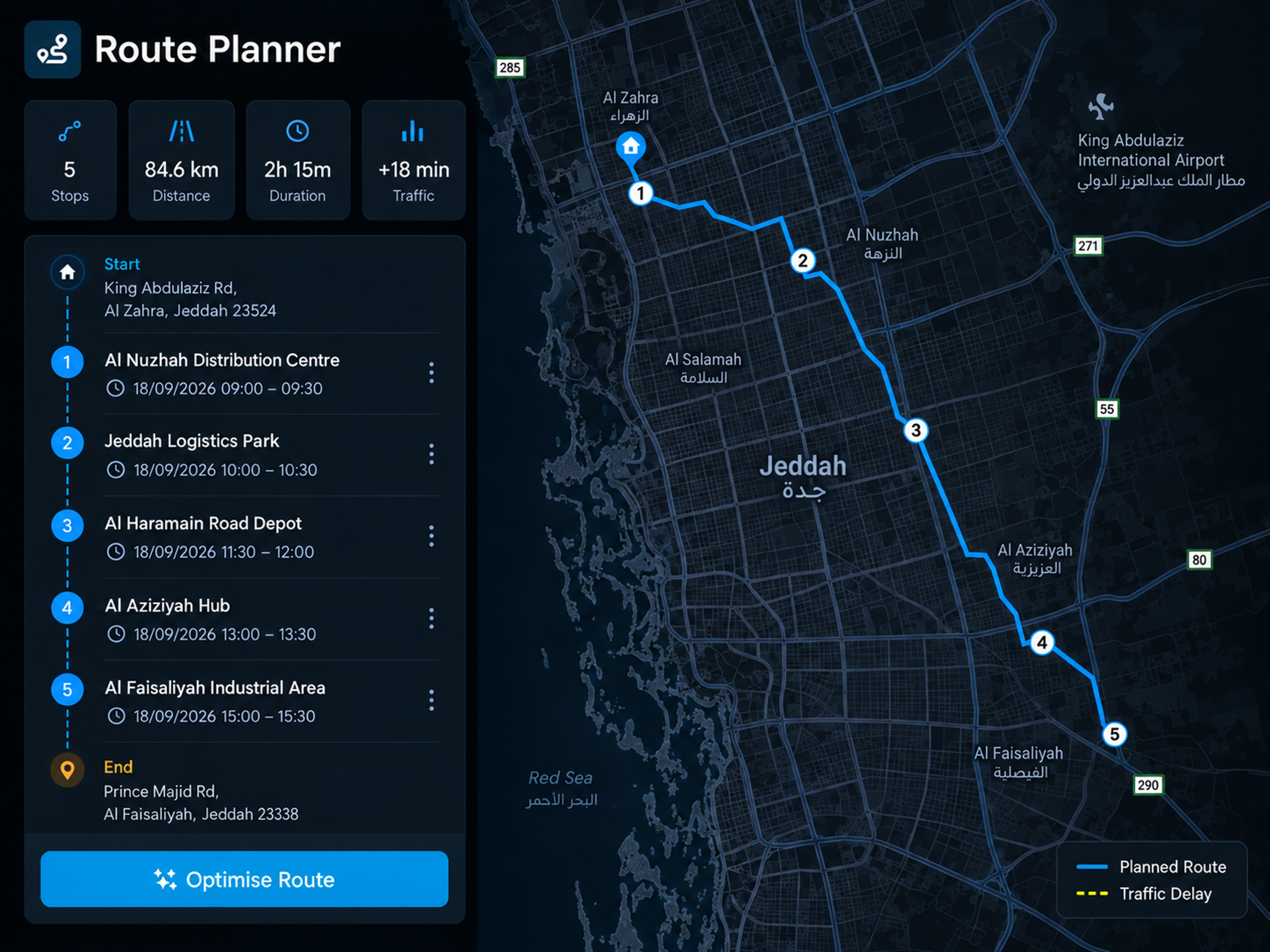 Route planner building a multi-stop run, with time windows and vehicle capacity applied