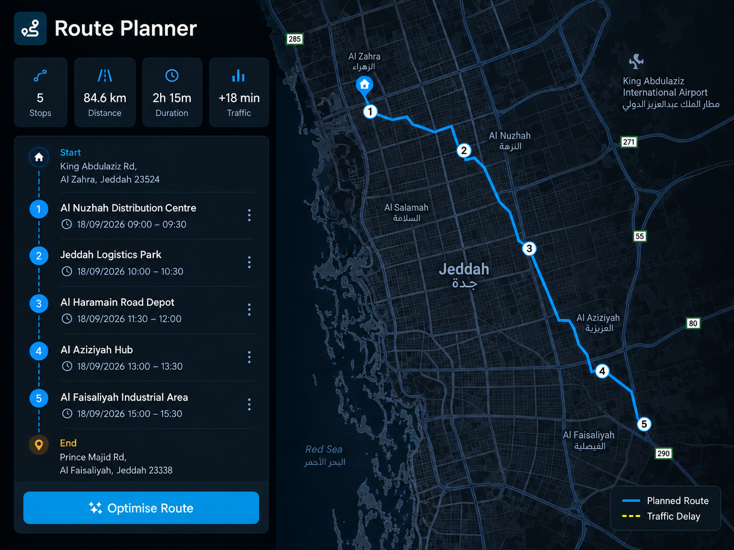 Route planner building a multi-stop run, with time windows and vehicle capacity applied