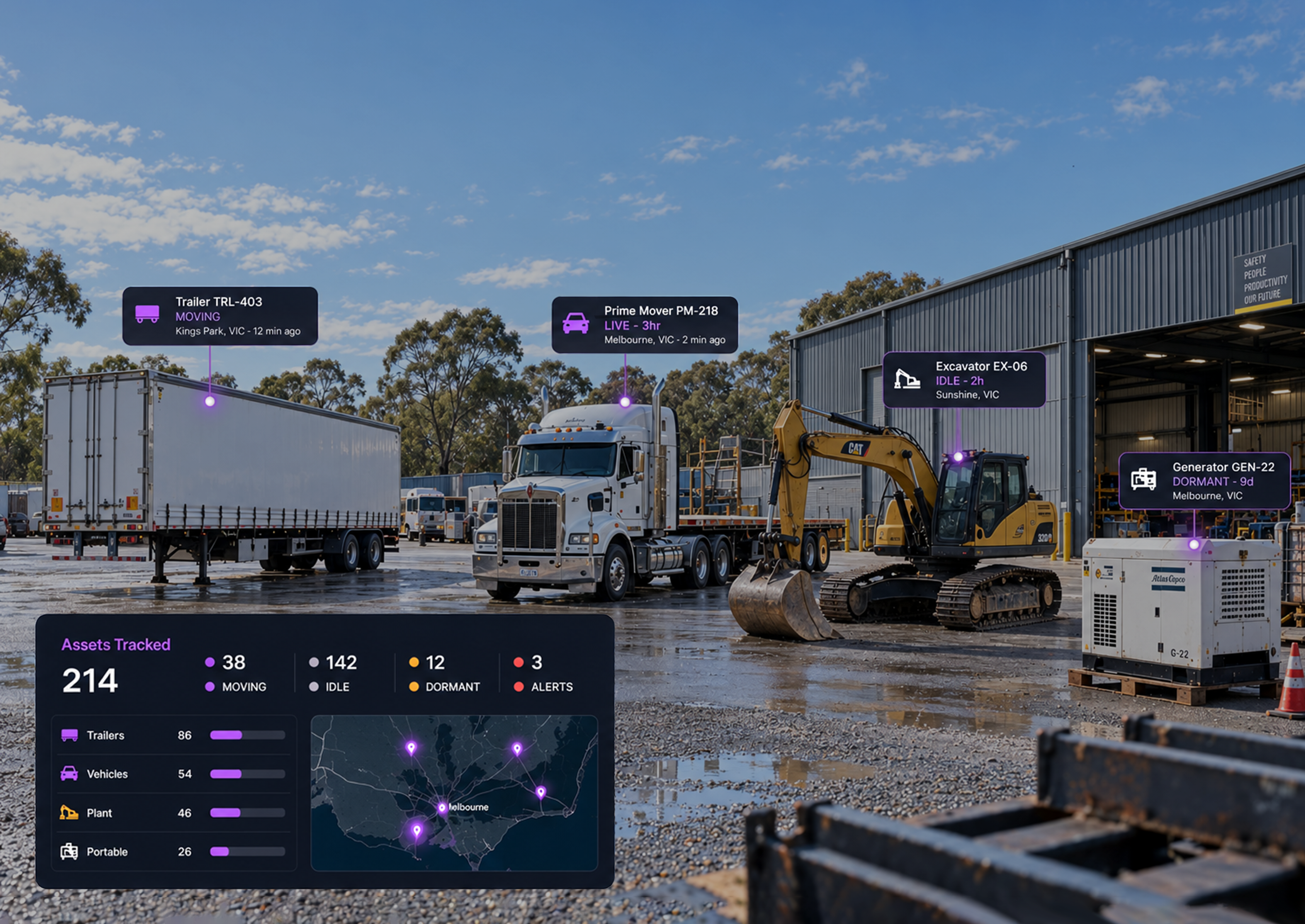 Vision360 asset tracking console: the counters for assets tracked, moving, dormant and alerts, the map with asset pins across vehicles, trailers and plant, and the asset list with last-seen times and battery levels. 4:3, dark UI, 2000x1500.