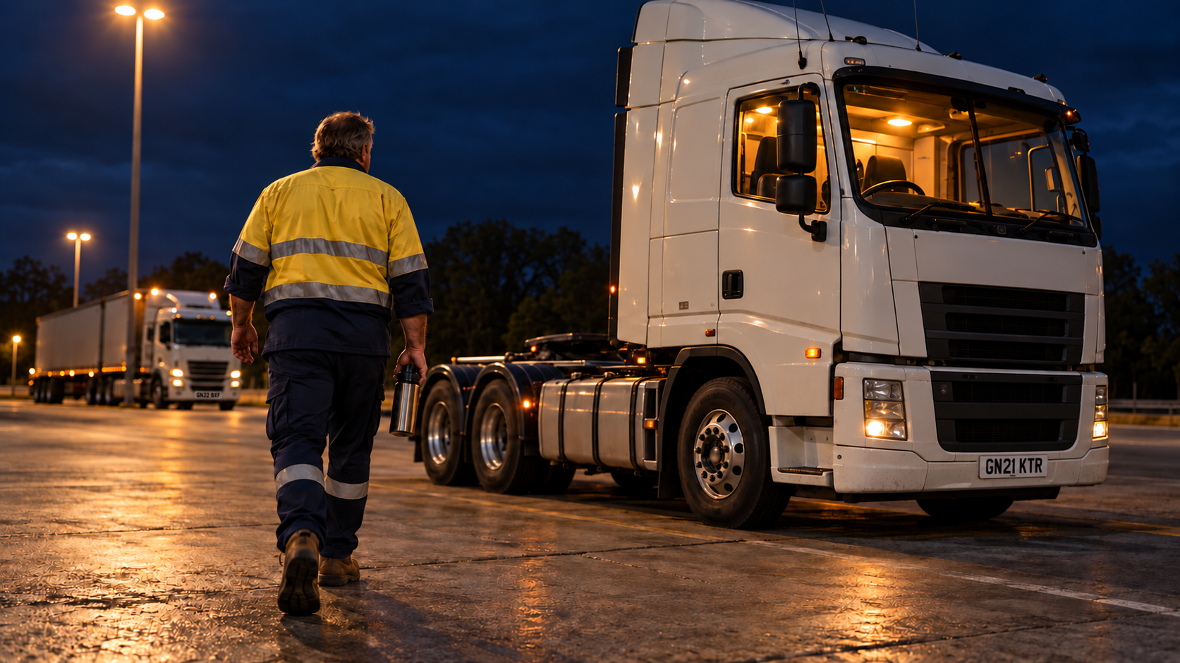 Editorial image: a driver at a truck stop at night. No text in the artwork.