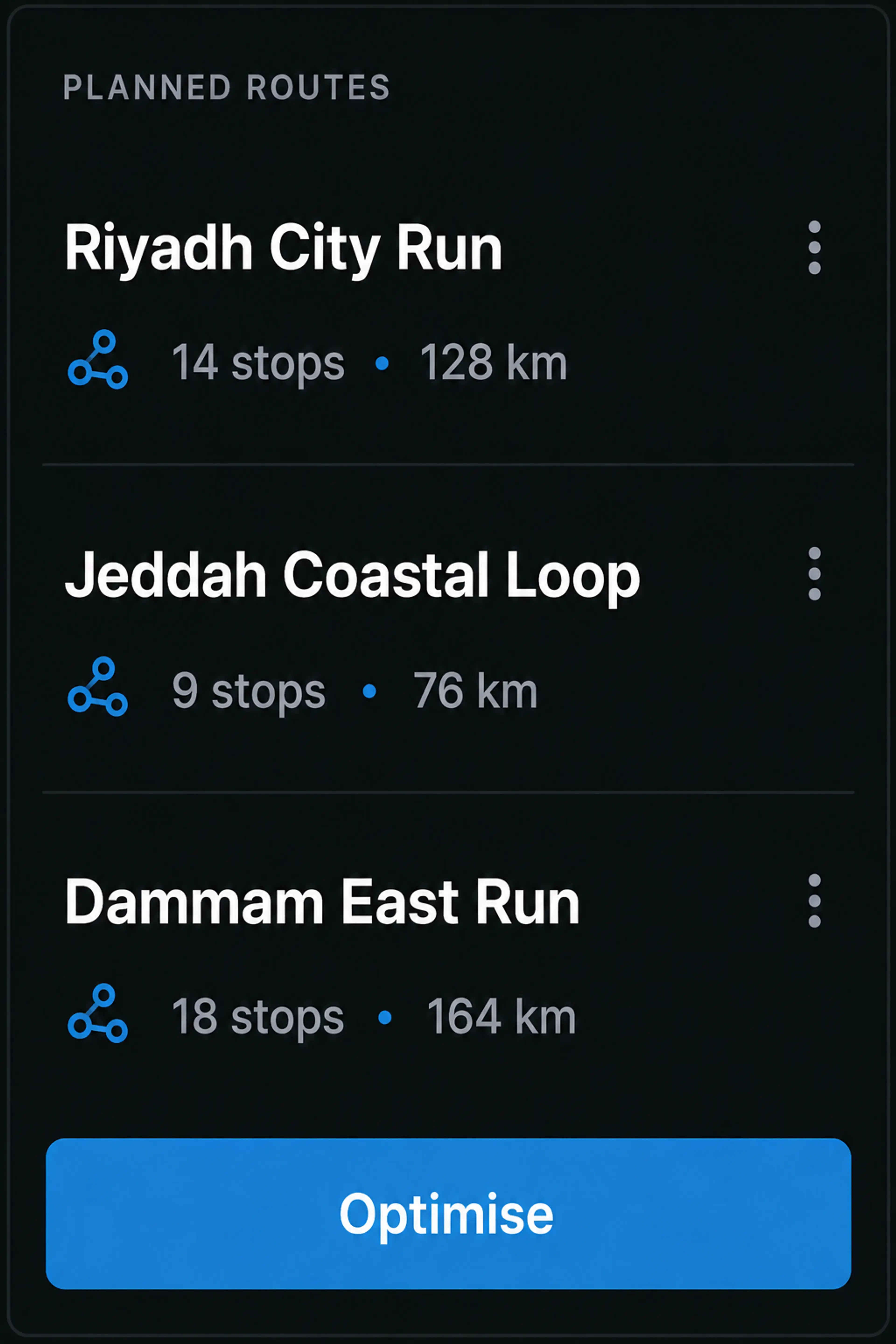 Route360 planned routes panel: three routes with job counts and distances, and an optimise action.