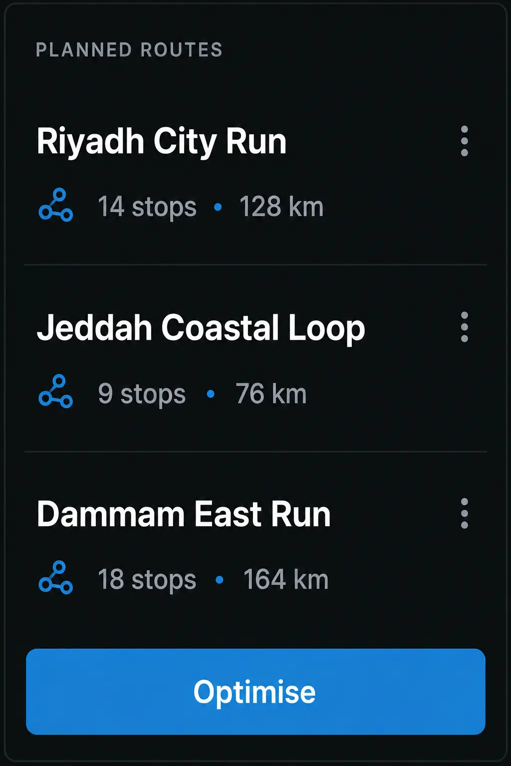 Route360 planned routes panel: three routes with job counts and distances, and an optimise action.