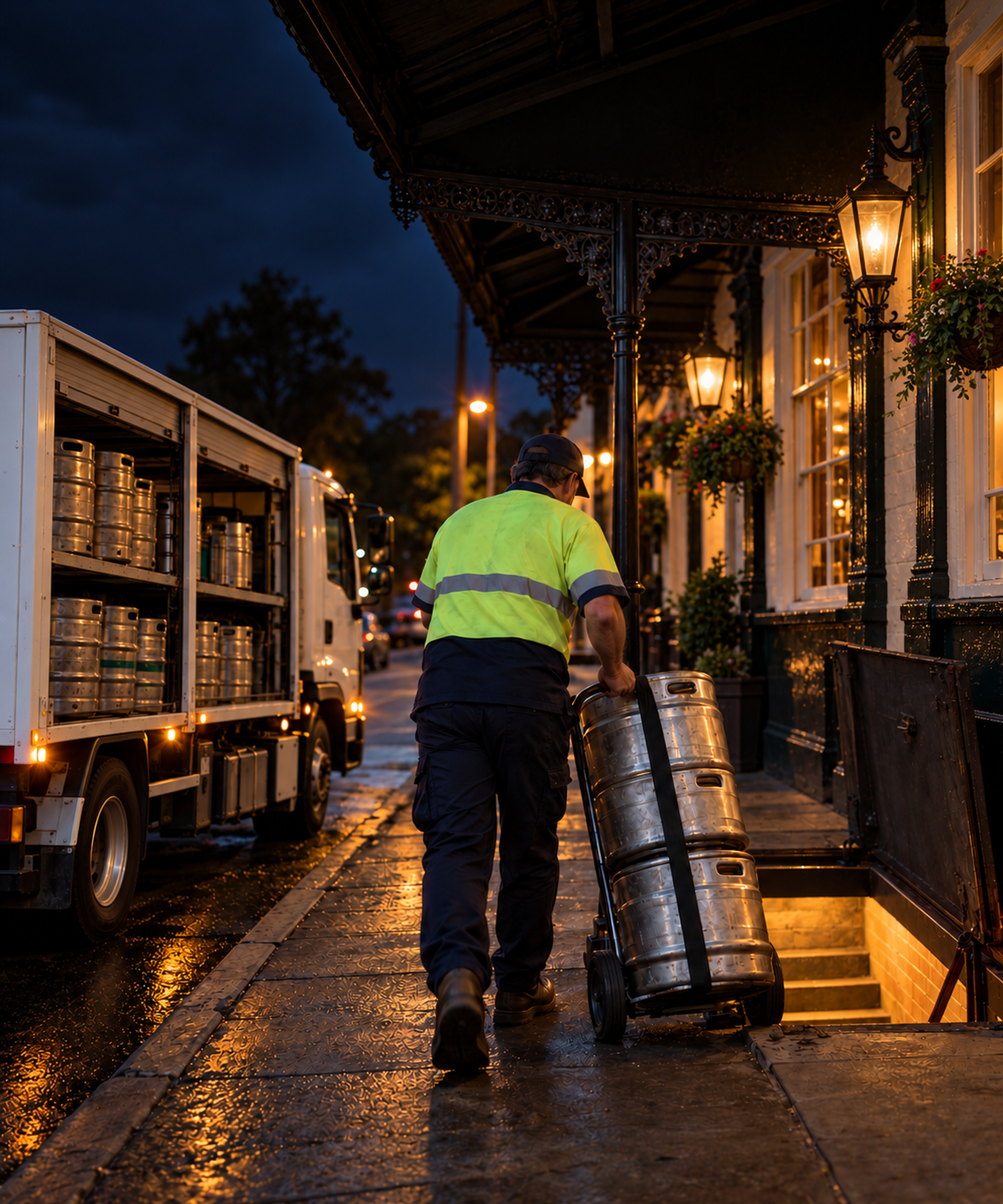 Photograph: a beverage delivery at a venue at dusk. Dark and cool, room at the top, no text in the artwork.