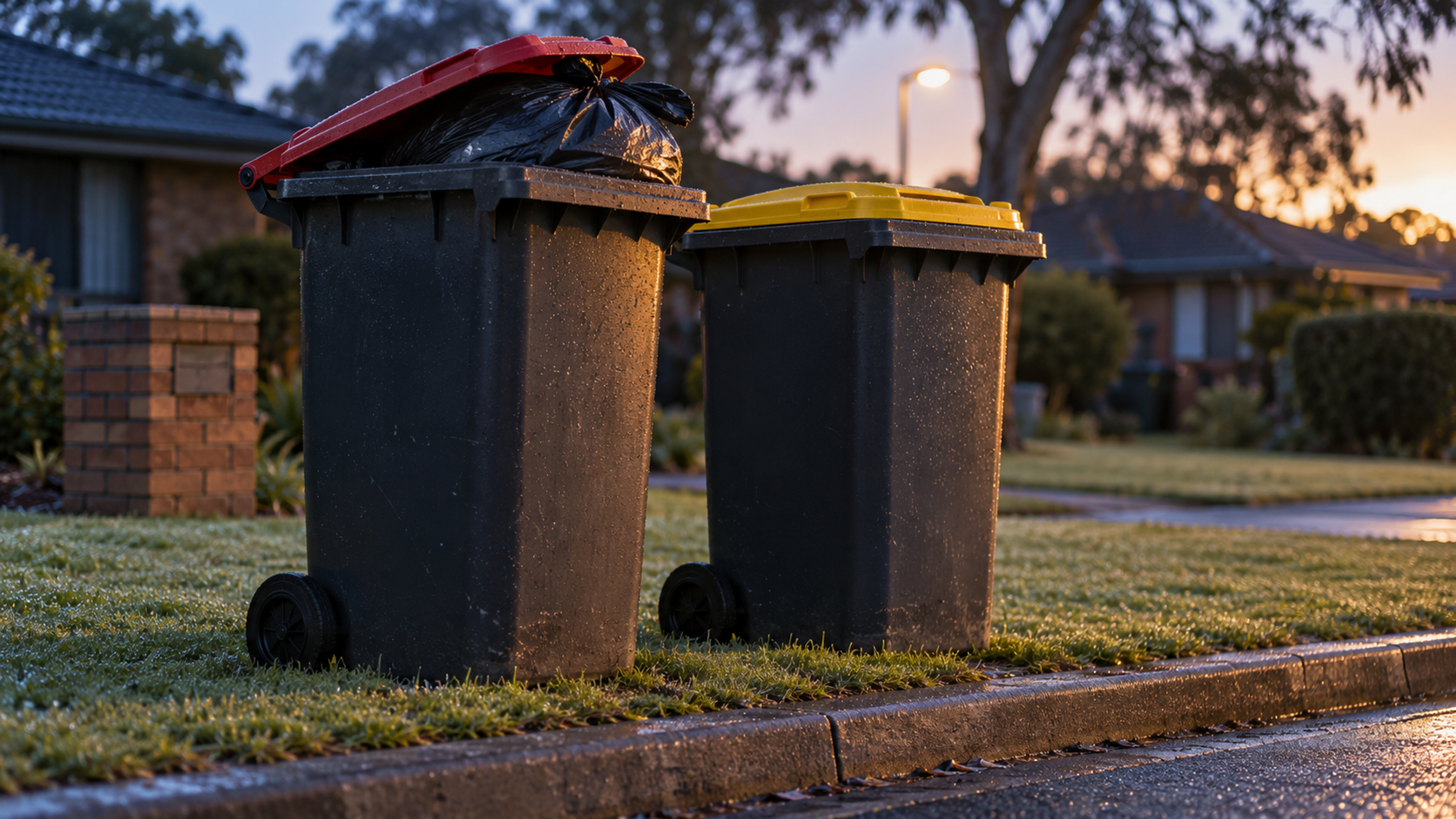 Editorial image: a kerbside bin at first light. No text in the artwork.