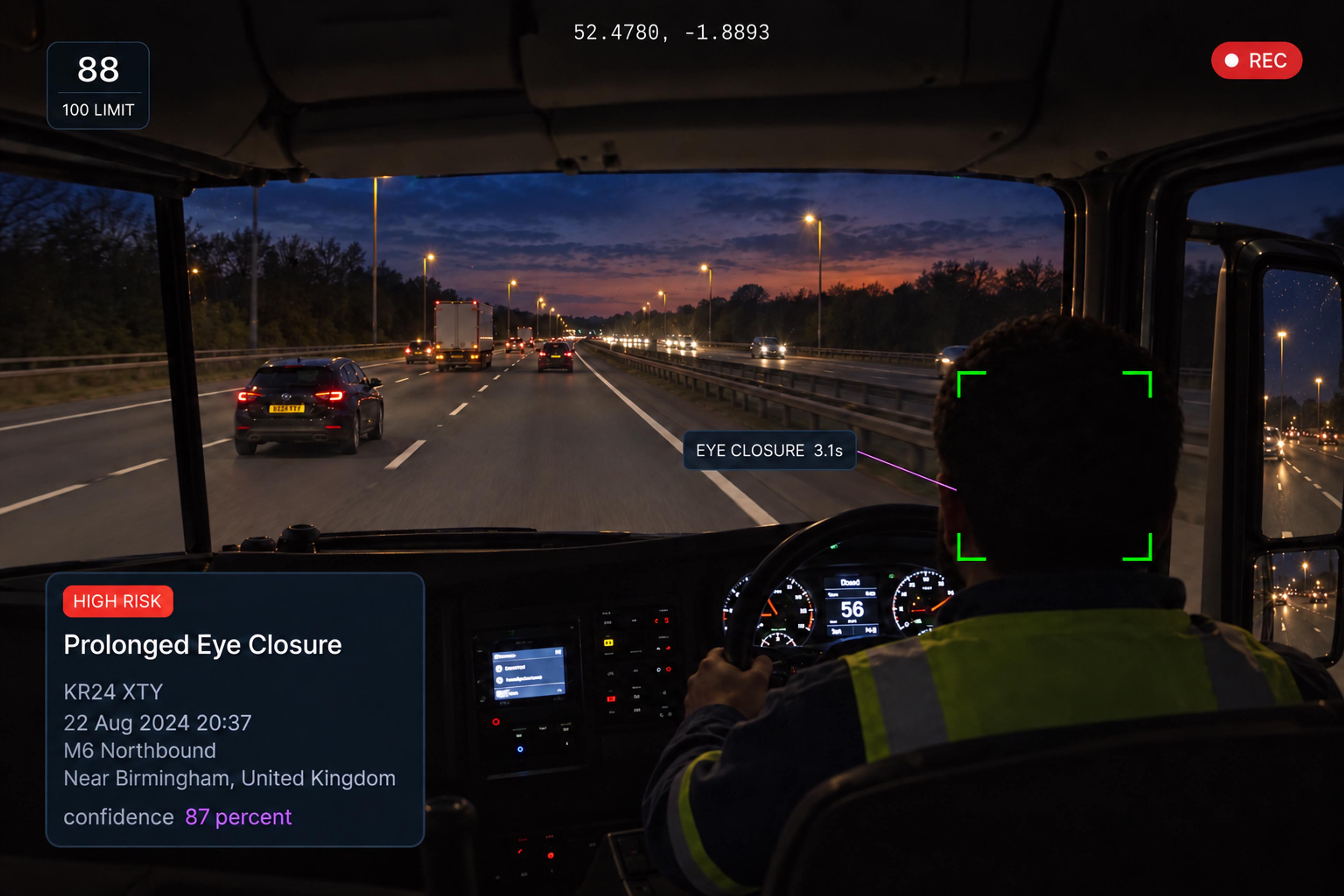 Vision360 fatigue event review: the high-risk fatigue event header, the in-cab video with the driver's face boxed, the detected behaviour and confidence panel, the event details list, and the ten seconds before and after strip along the bottom. 4:3, dark UI, 2000x1500.