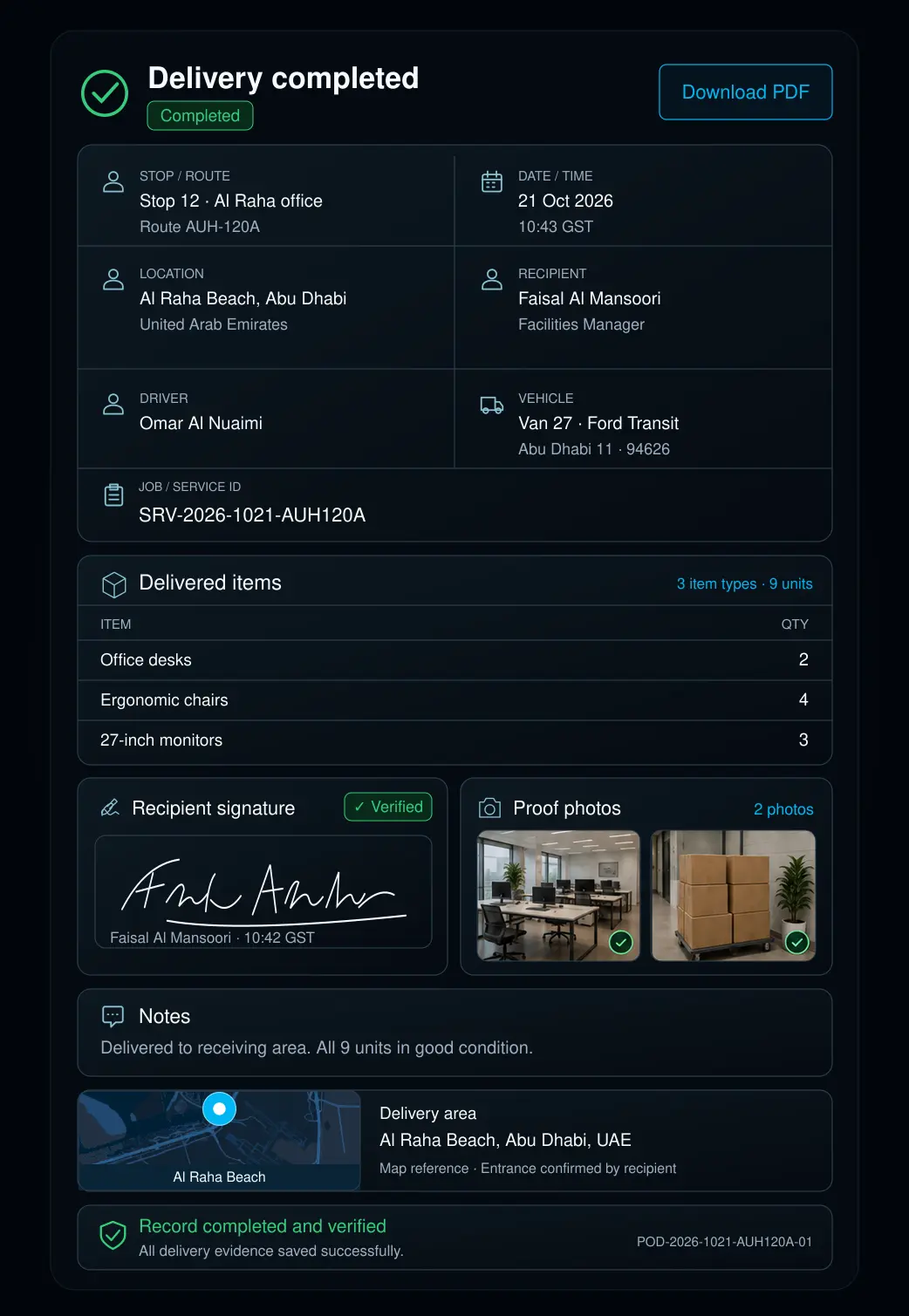 Completed proof record: stop, date and time, location, recipient, driver and vehicle beside the item list, signature and photo. Portrait, 9:13 crop.