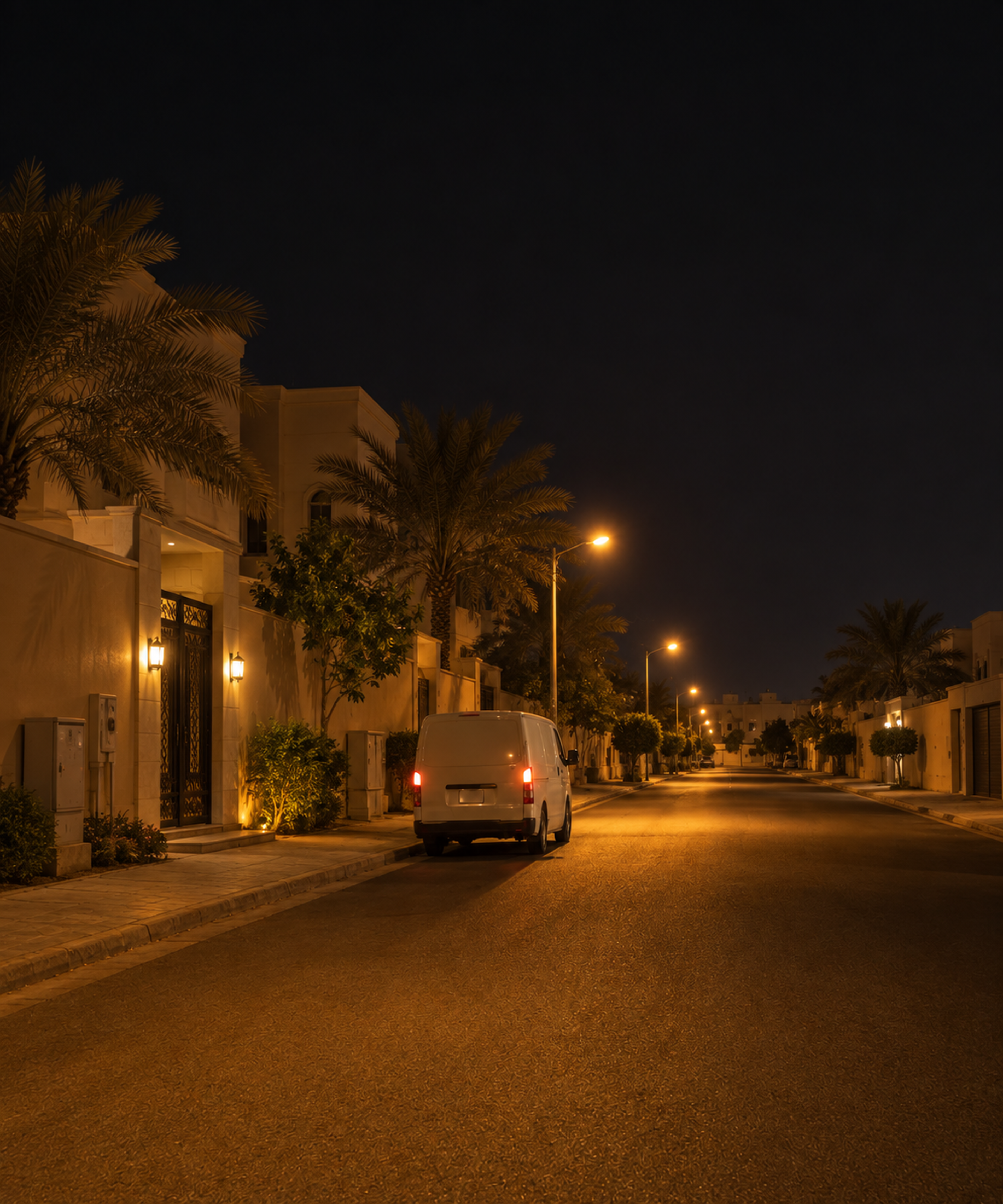 Photograph: a delivery van on a suburban street at dusk. Dark and cool, room at the top, no text in the artwork.