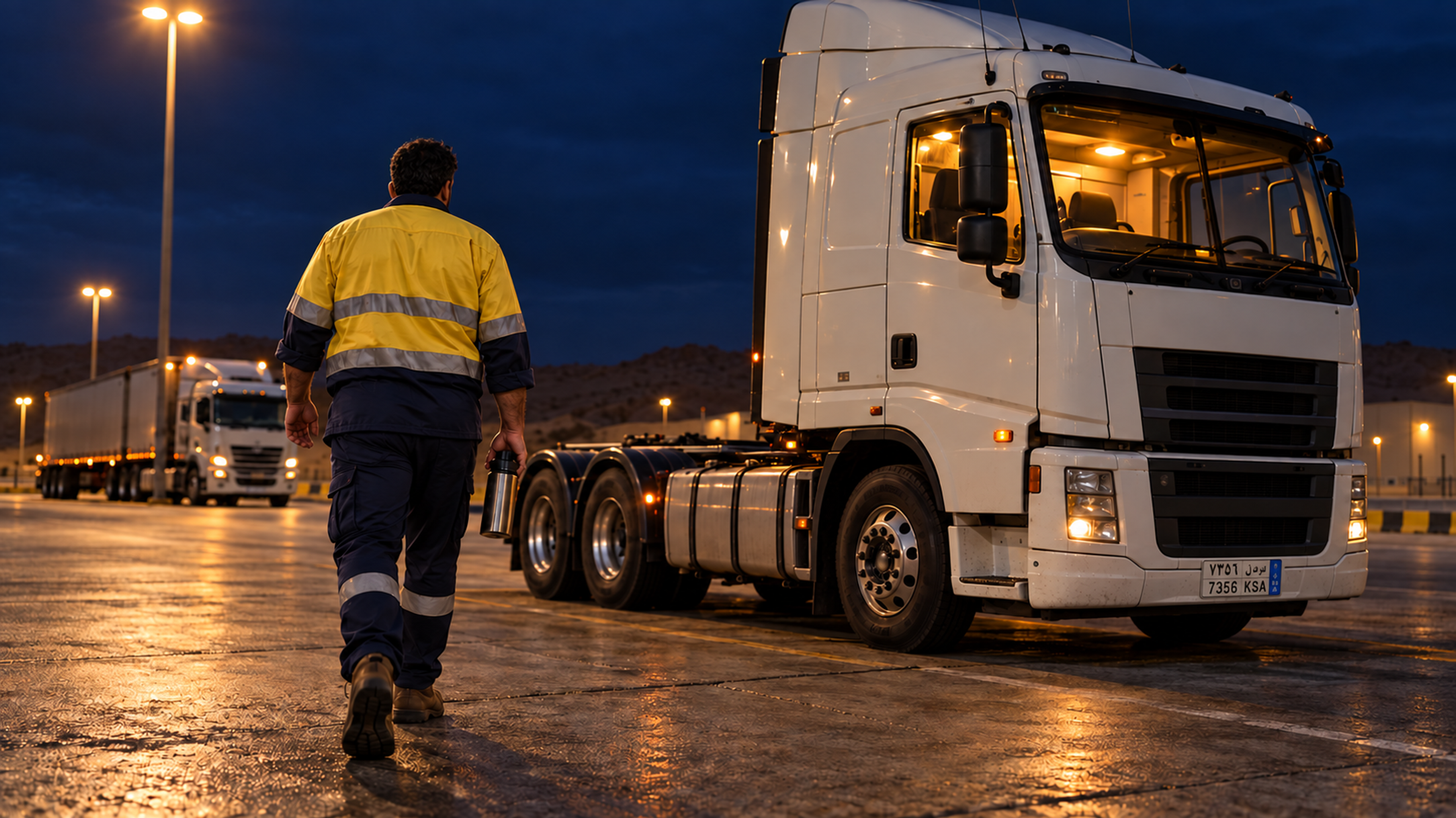 Editorial image: a driver at a truck stop at night. No text in the artwork.