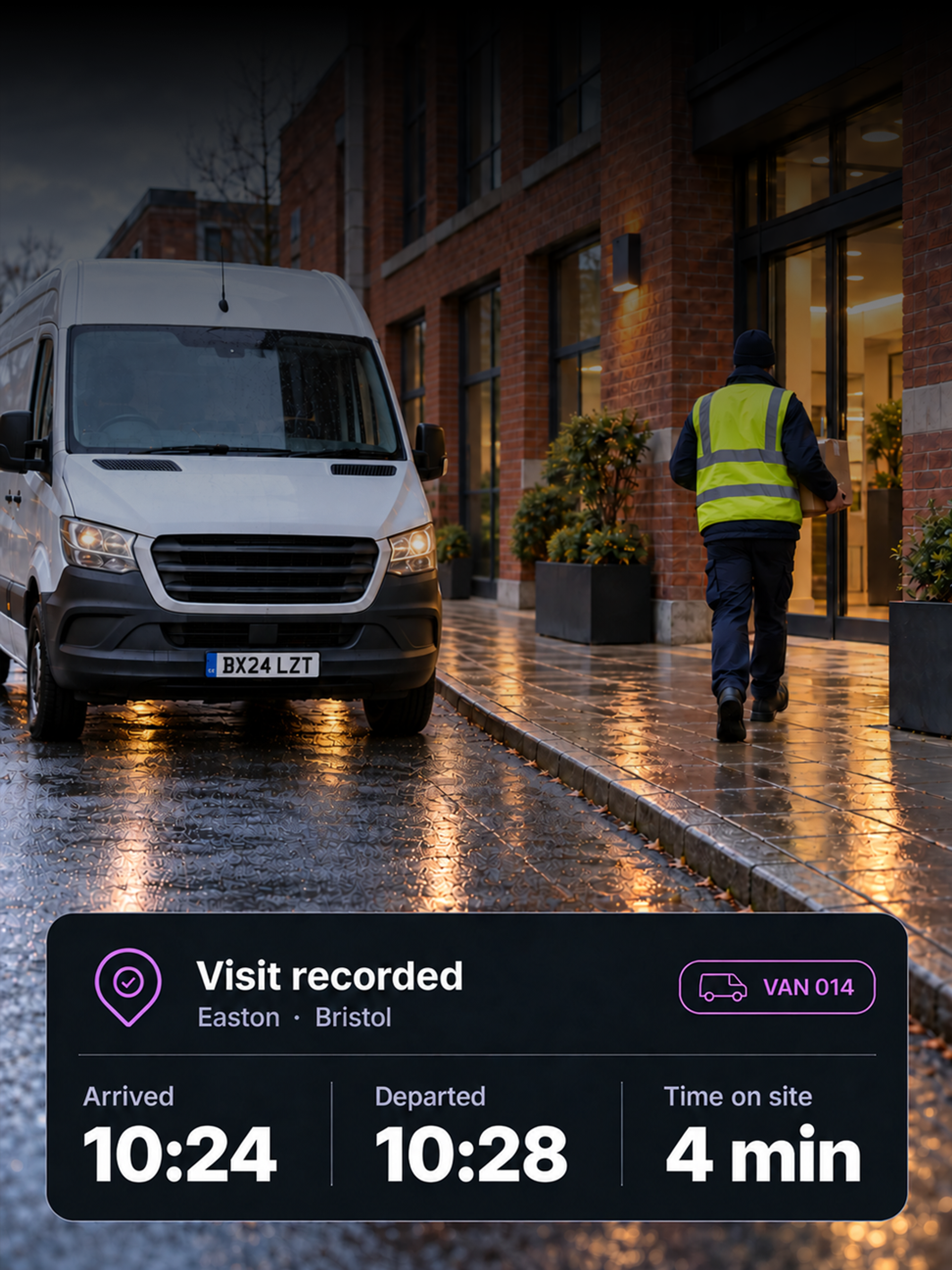 Photograph: a van at a kerbside delivery on a UK street. Portrait 3:4, daylight, no faces recognisable, no text in the artwork.