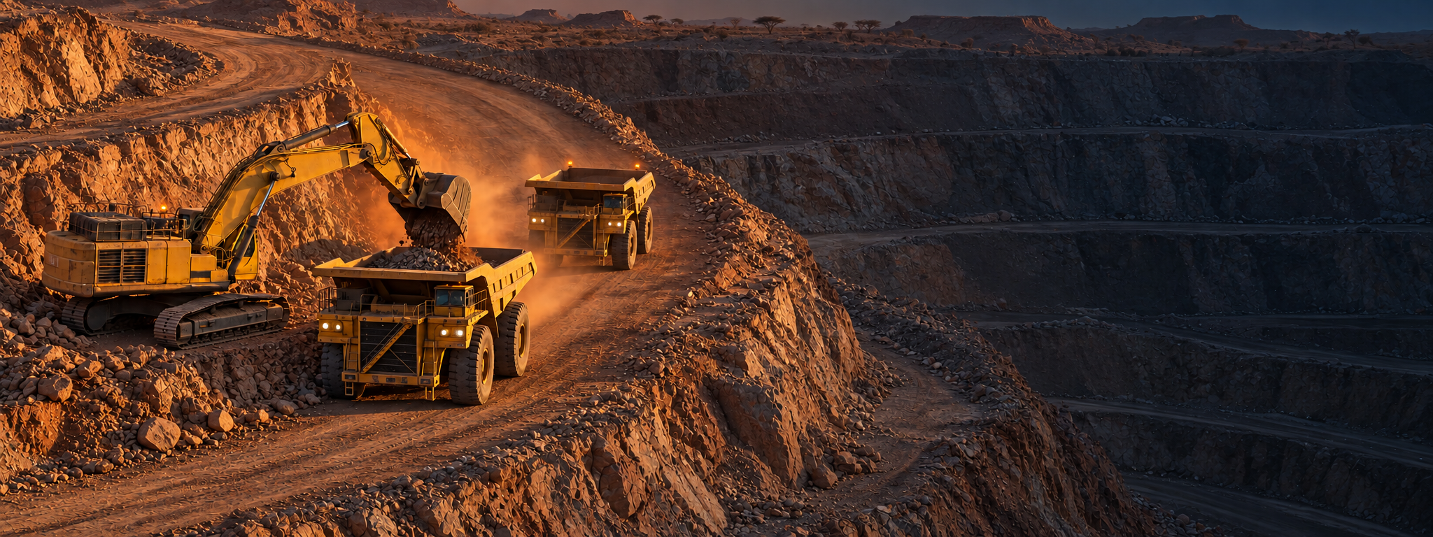 Haul trucks and an excavator working an open-cut bench at golden hour, shot from height. No visible manufacturer badges. Dark and cool enough for a panel to sit over the right third. No text in the artwork. 2400x900.