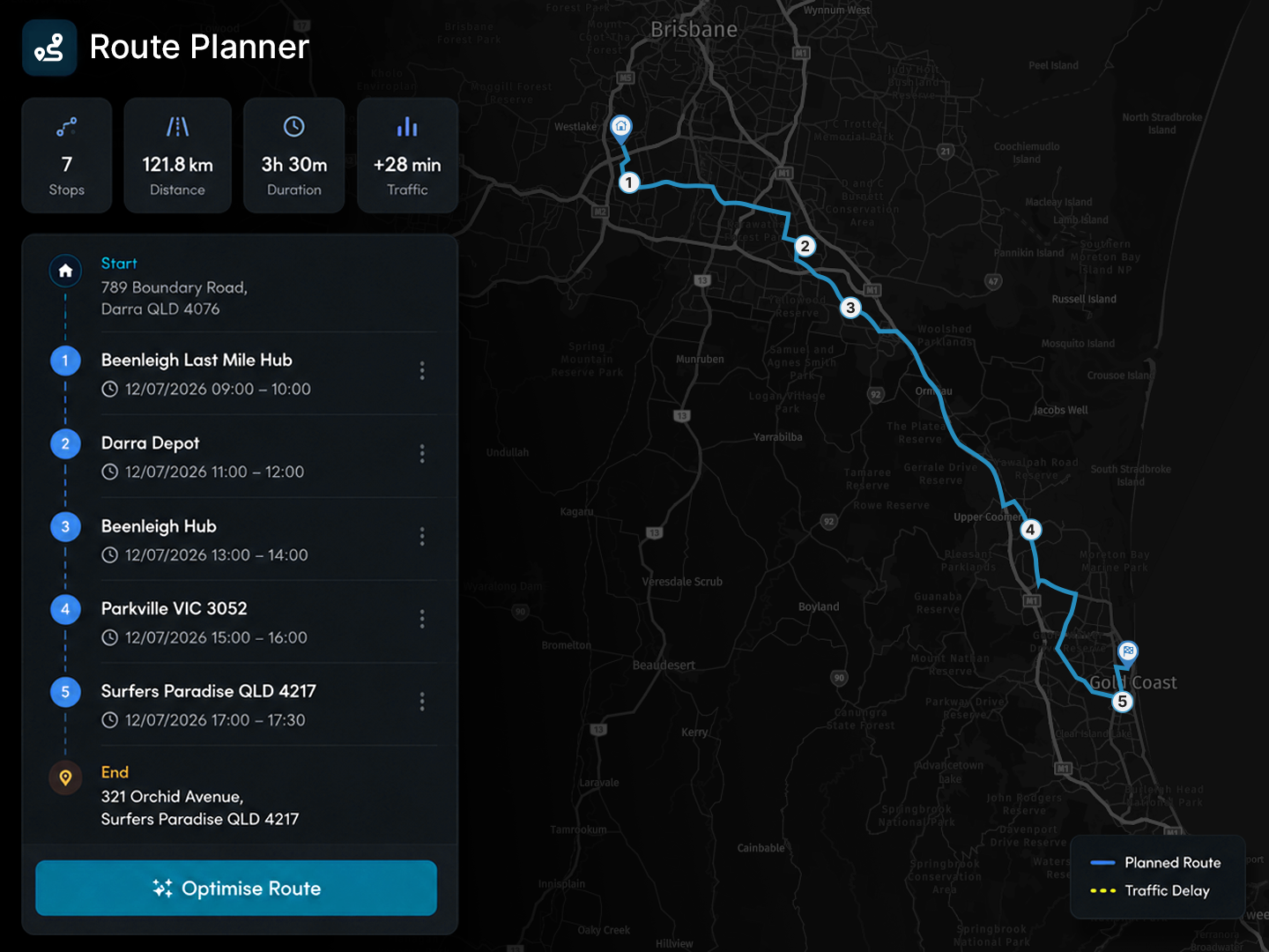 Route planner building a multi-stop run, with time windows and vehicle capacity applied