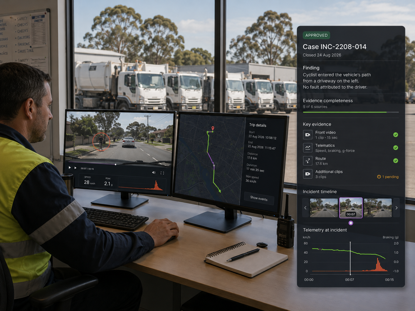 Vision360 investigation workspace: the case reference with its under-review status and evidence completeness meter, the front camera player beside the driver, left, right and cabin views, the event timeline with event, selected clip and AI highlight markers, and the case context panel. 4:3, dark UI, 2000x1500.