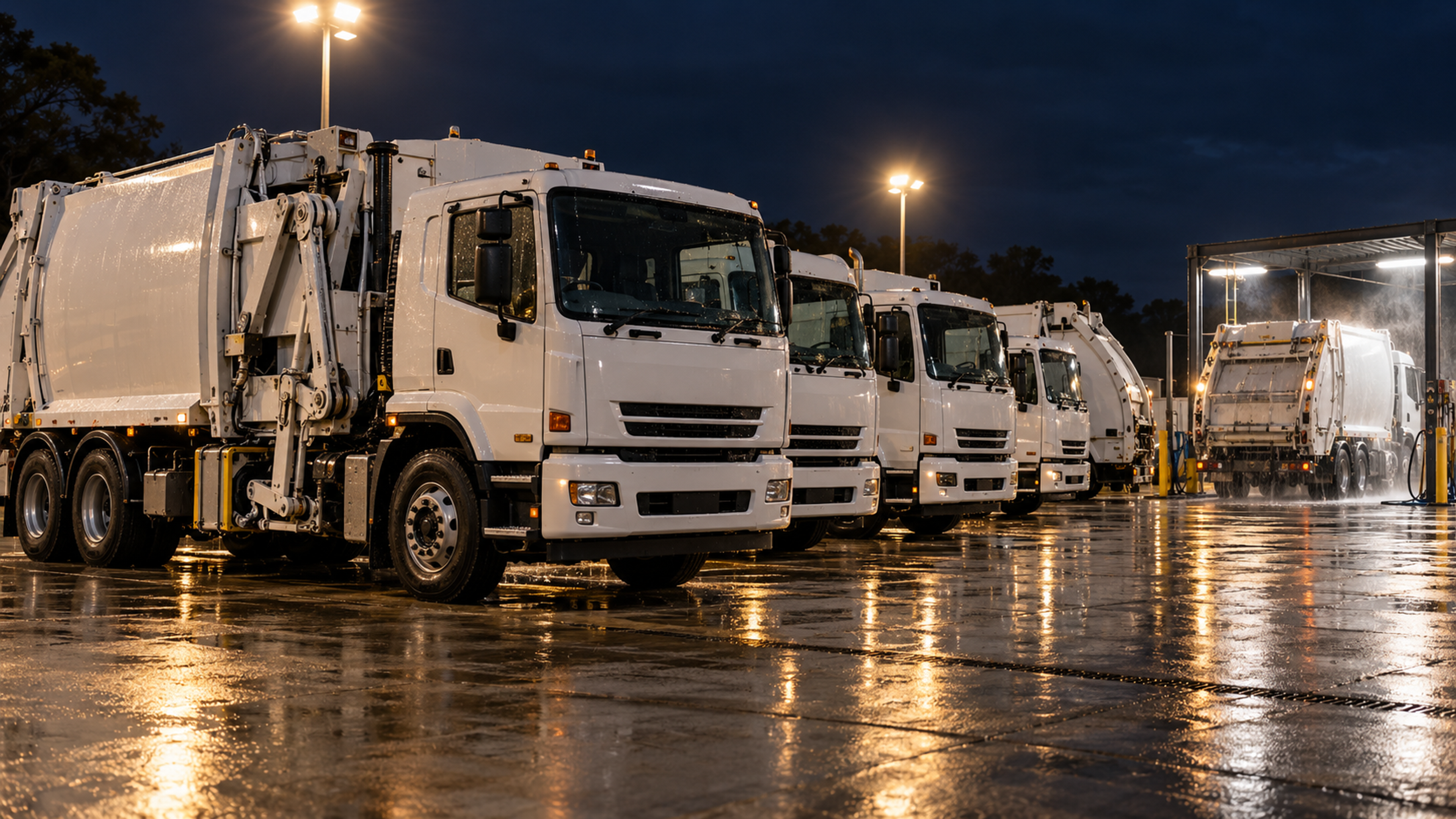 Editorial image: a depot yard at night with collection vehicles. No text in the artwork.
