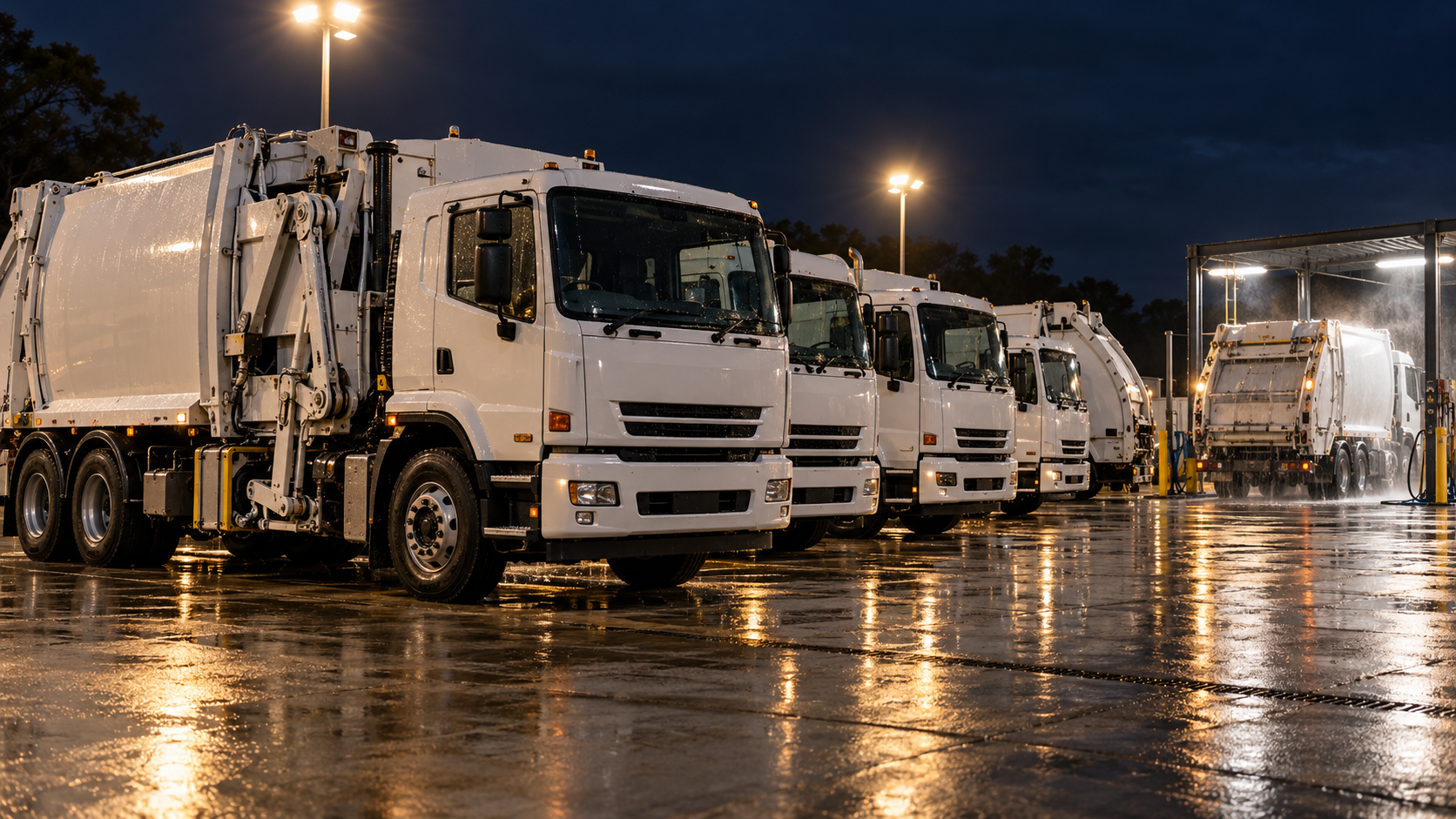Editorial image: a depot yard at night with collection vehicles. No text in the artwork.