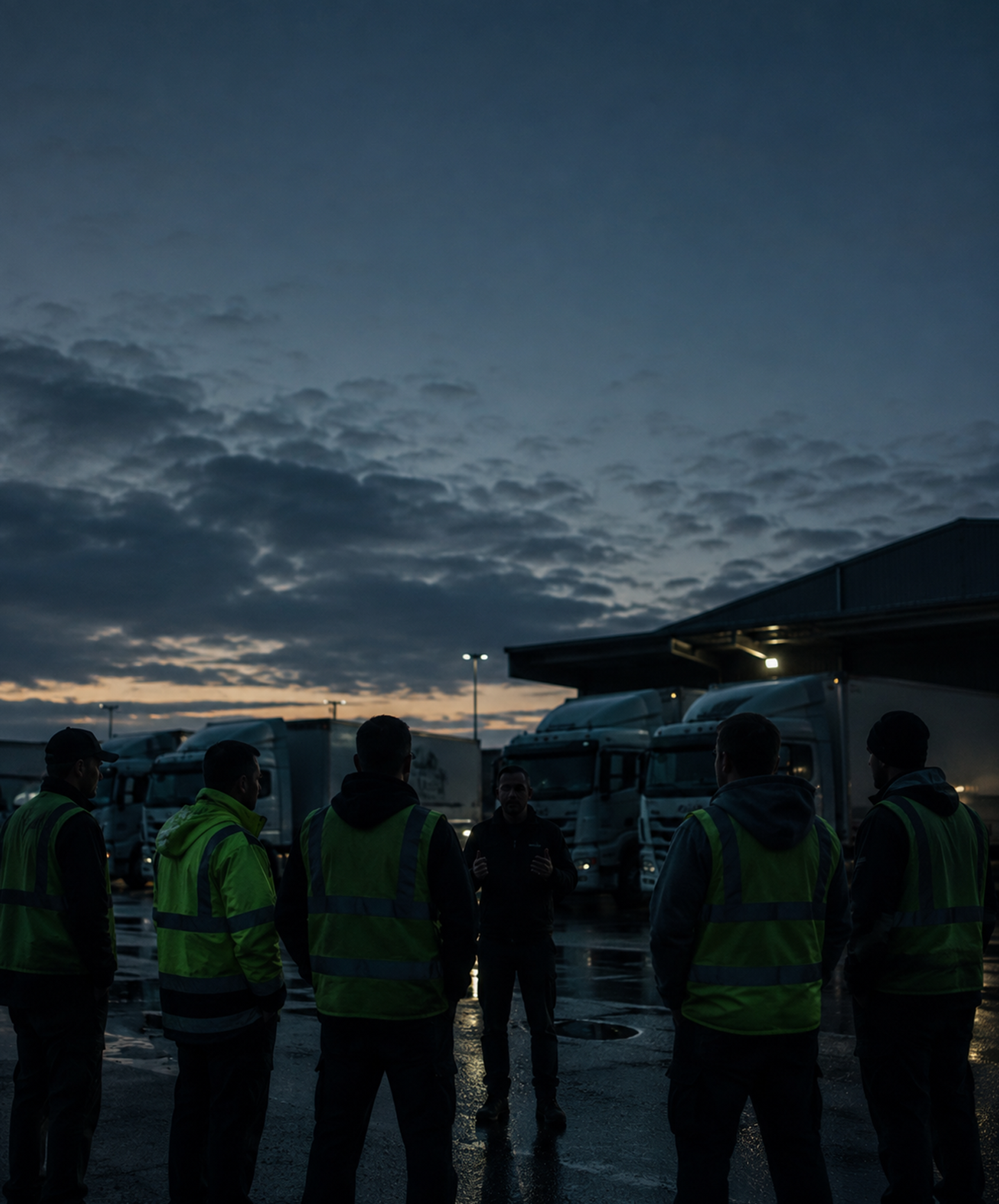 Photograph: a depot briefing at dawn. Dark and cool, room at the top, no text in the artwork.