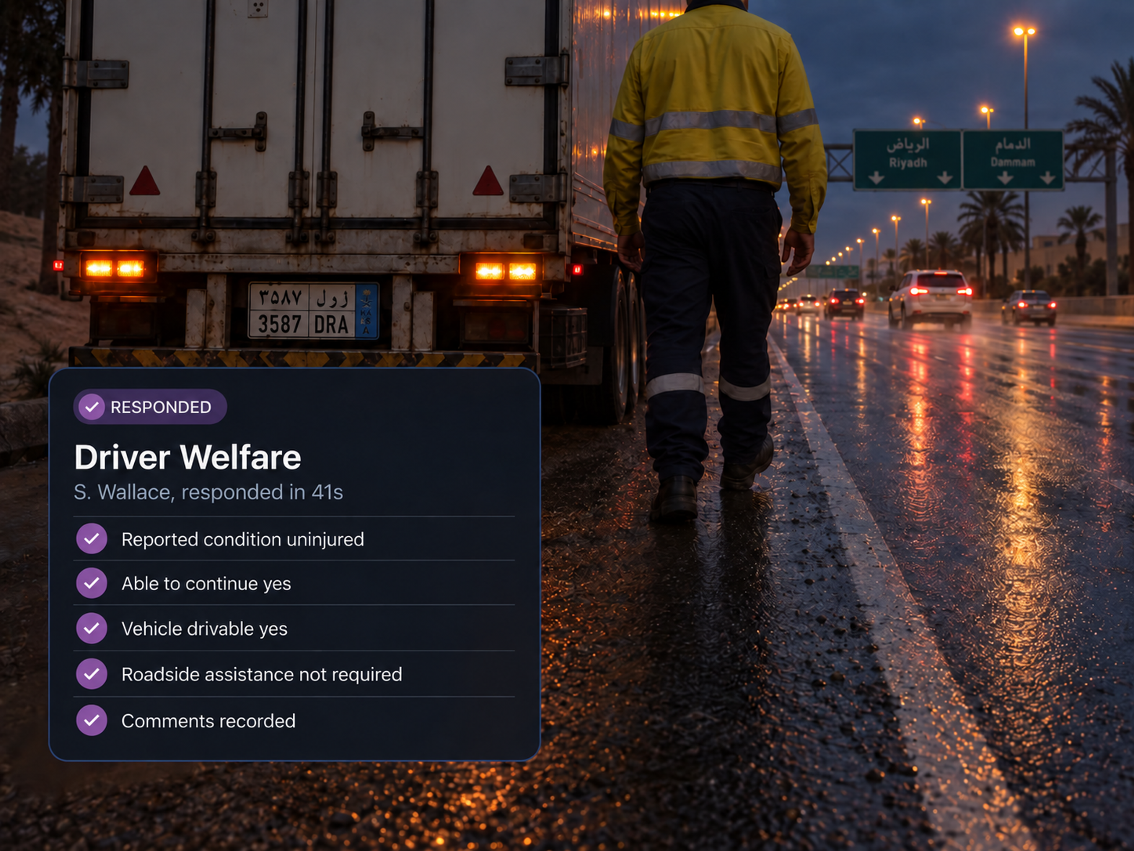 Driver welfare panel: seven checked rows from driver response through to comments, with the view welfare history link. 4:3, dark UI.