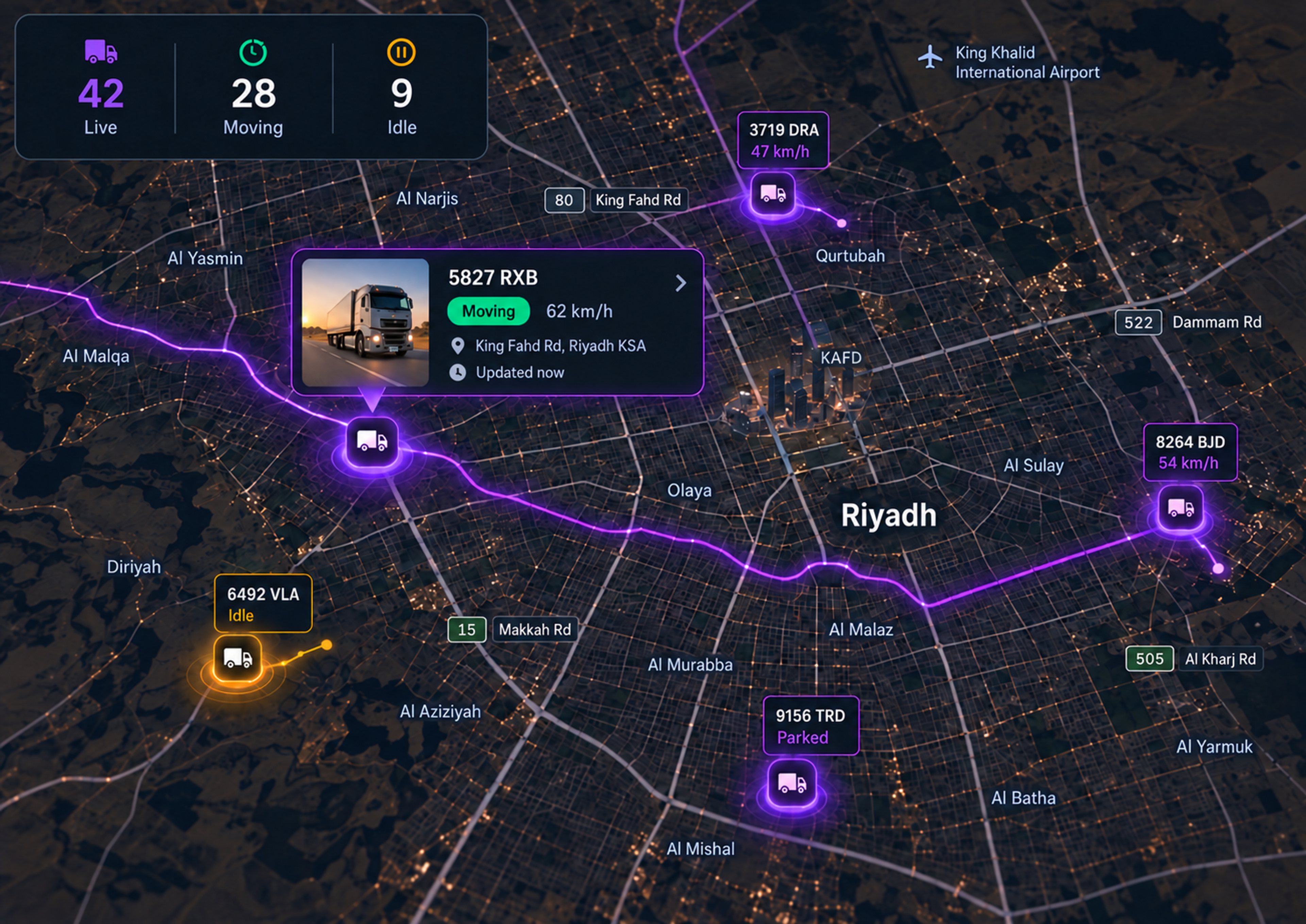 Product console: a live map of a Saudi fleet with geofenced sites and vehicle status. Landscape 16:9, dark UI, no text small enough to read.