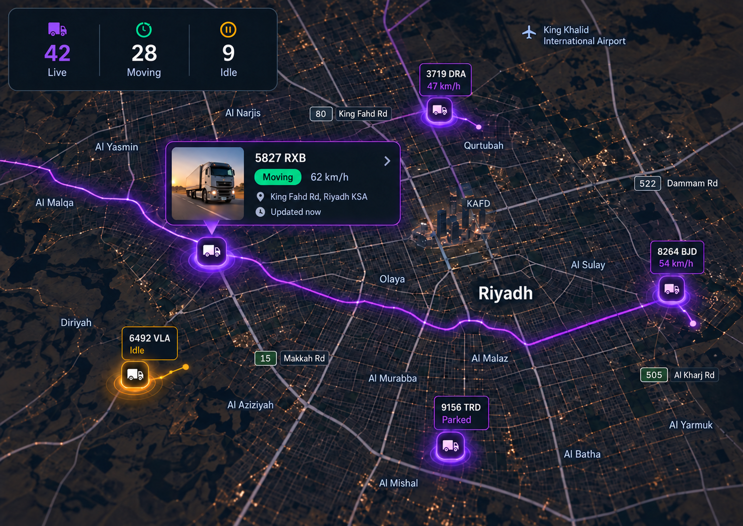 Product console: a live map of a Saudi fleet with geofenced sites and vehicle status. Landscape 16:9, dark UI, no text small enough to read.