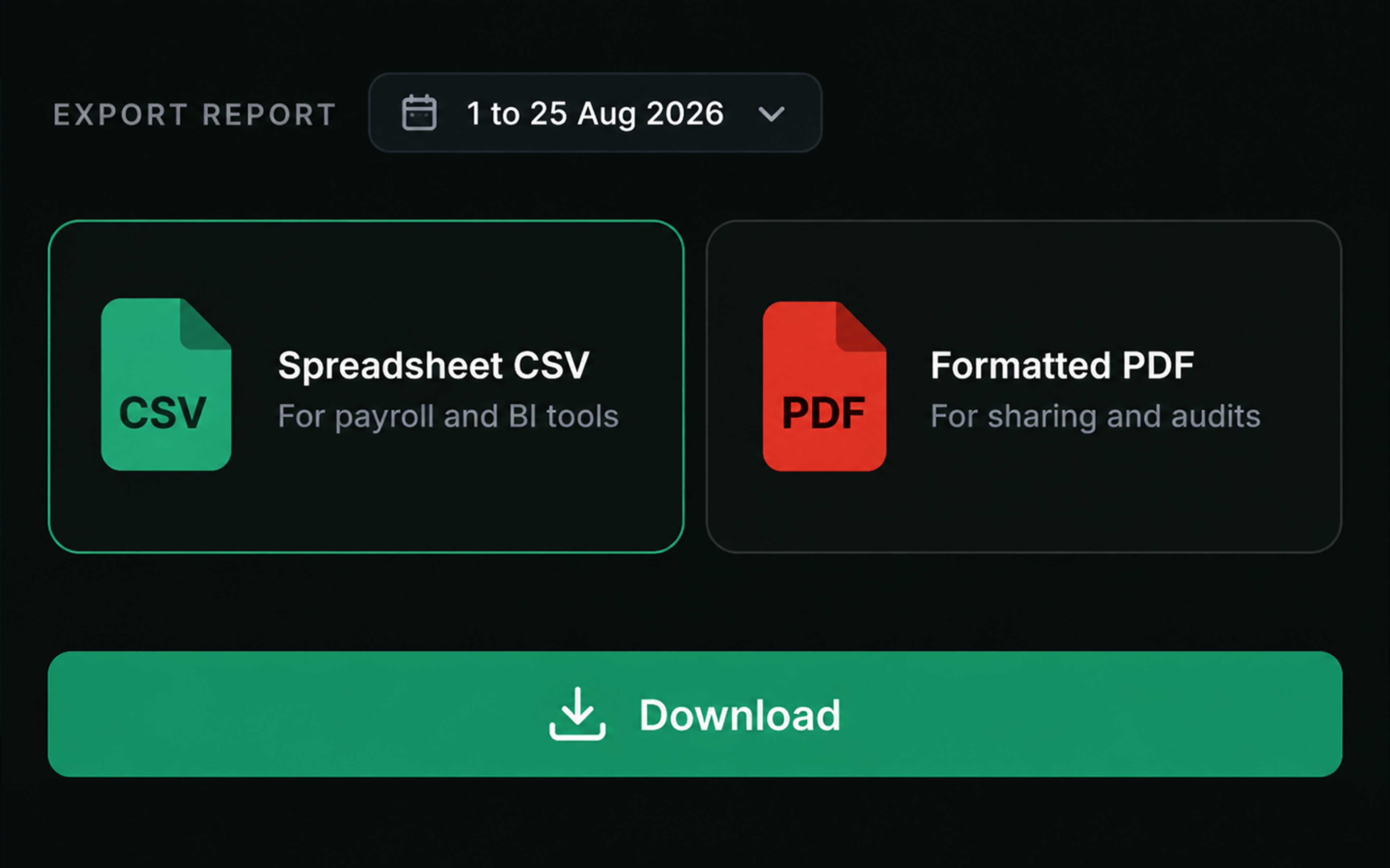 Drive360 export panel with CSV and PDF options