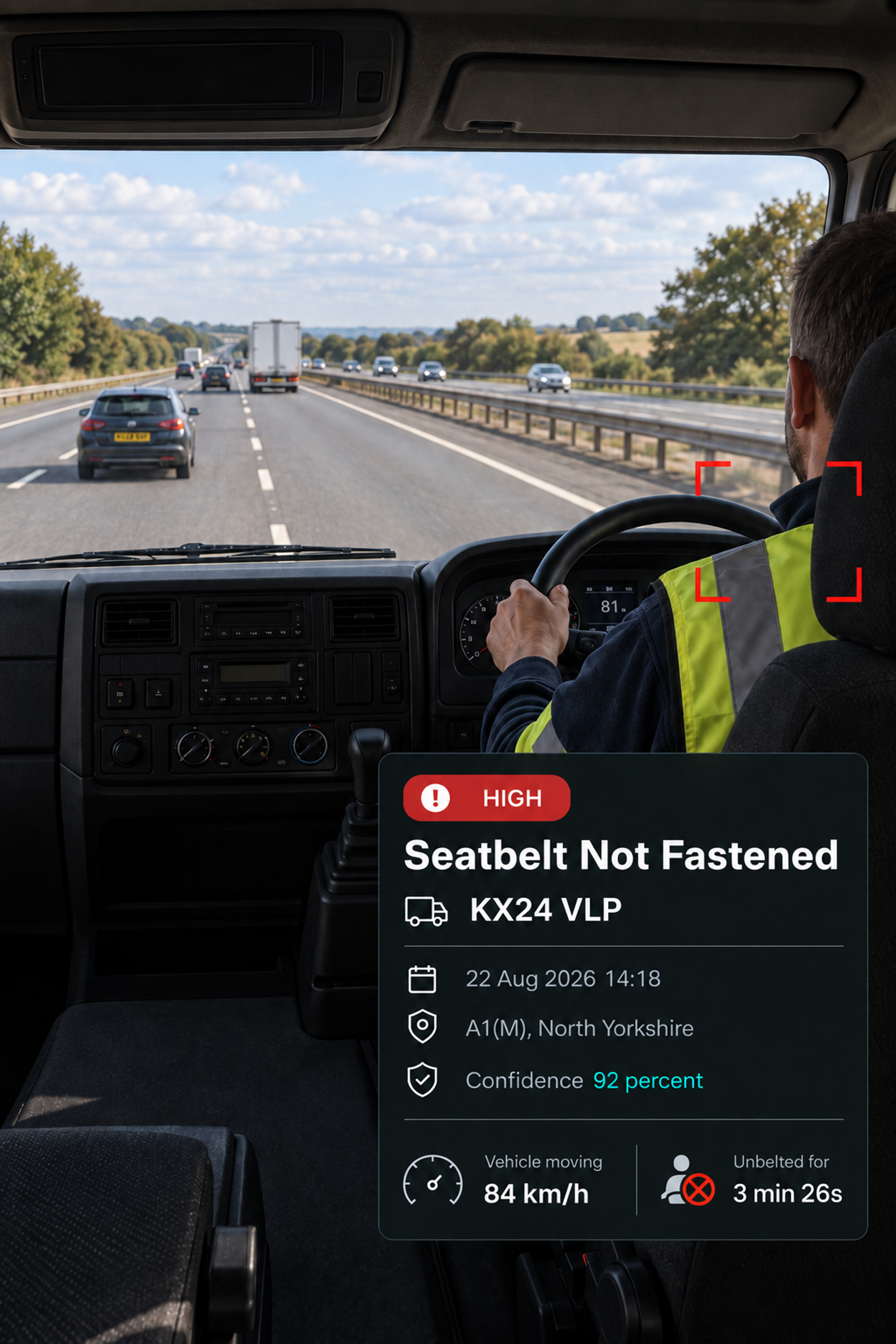 Photograph: a fastened seatbelt buckle in a truck cab, close crop. Portrait 3:4, dark and cool, room at the top for a heading, no text in the artwork.