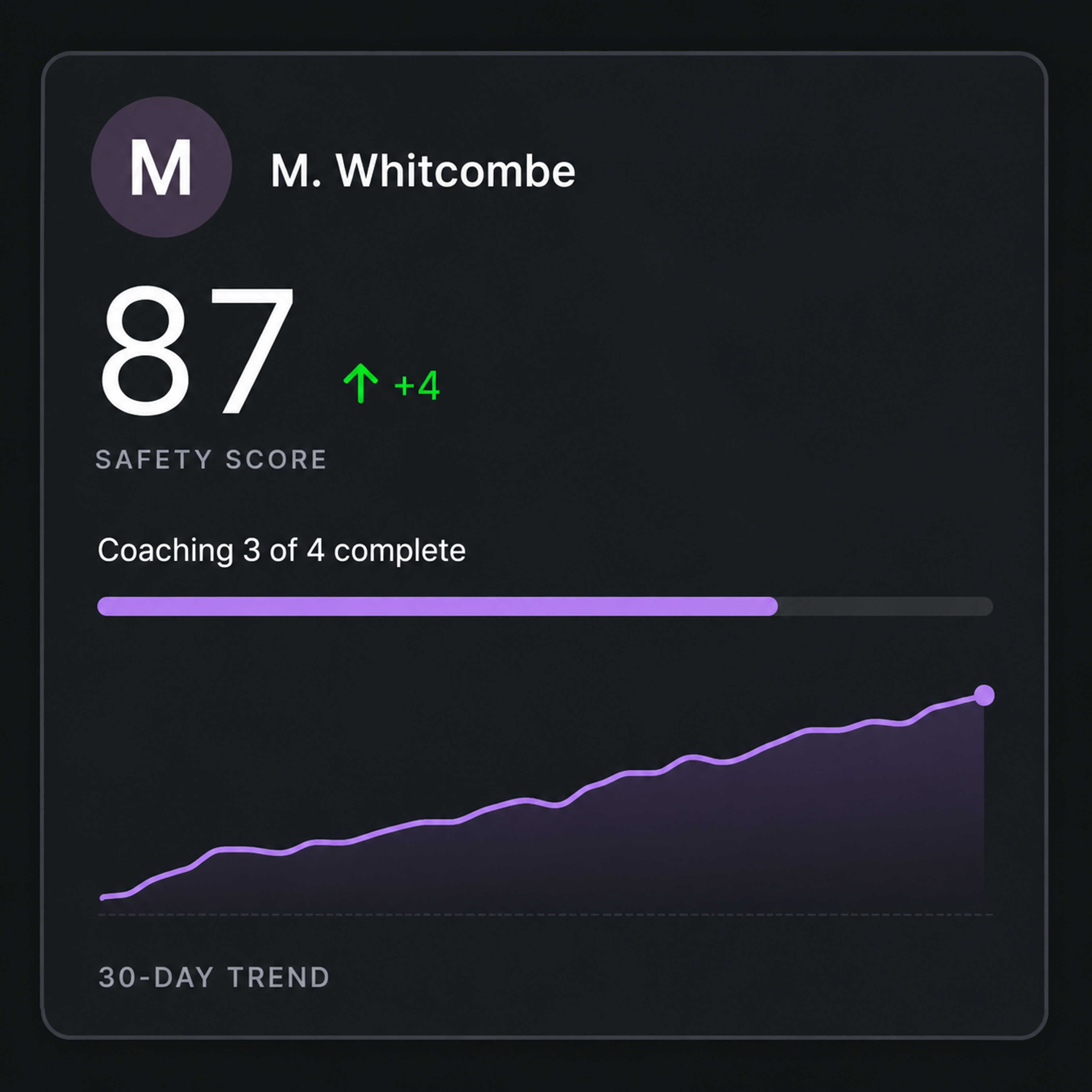 Driver safety profile: score, coaching completion and a thirty-day trend.