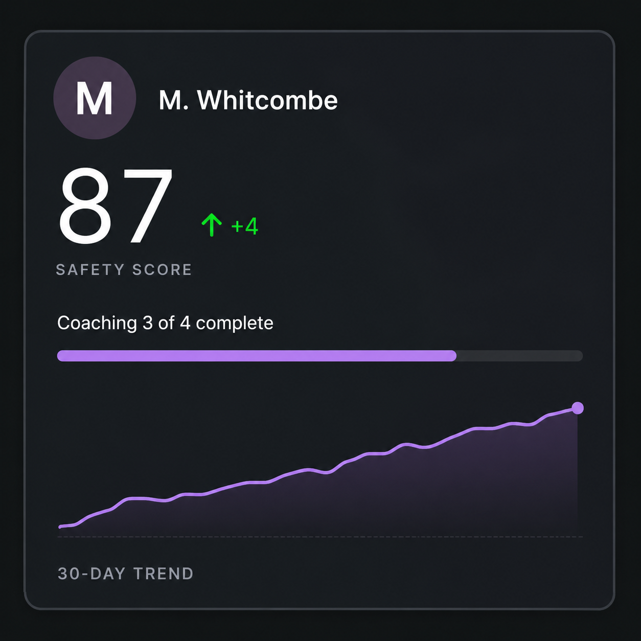 Driver safety profile: score, coaching completion and a thirty-day trend.