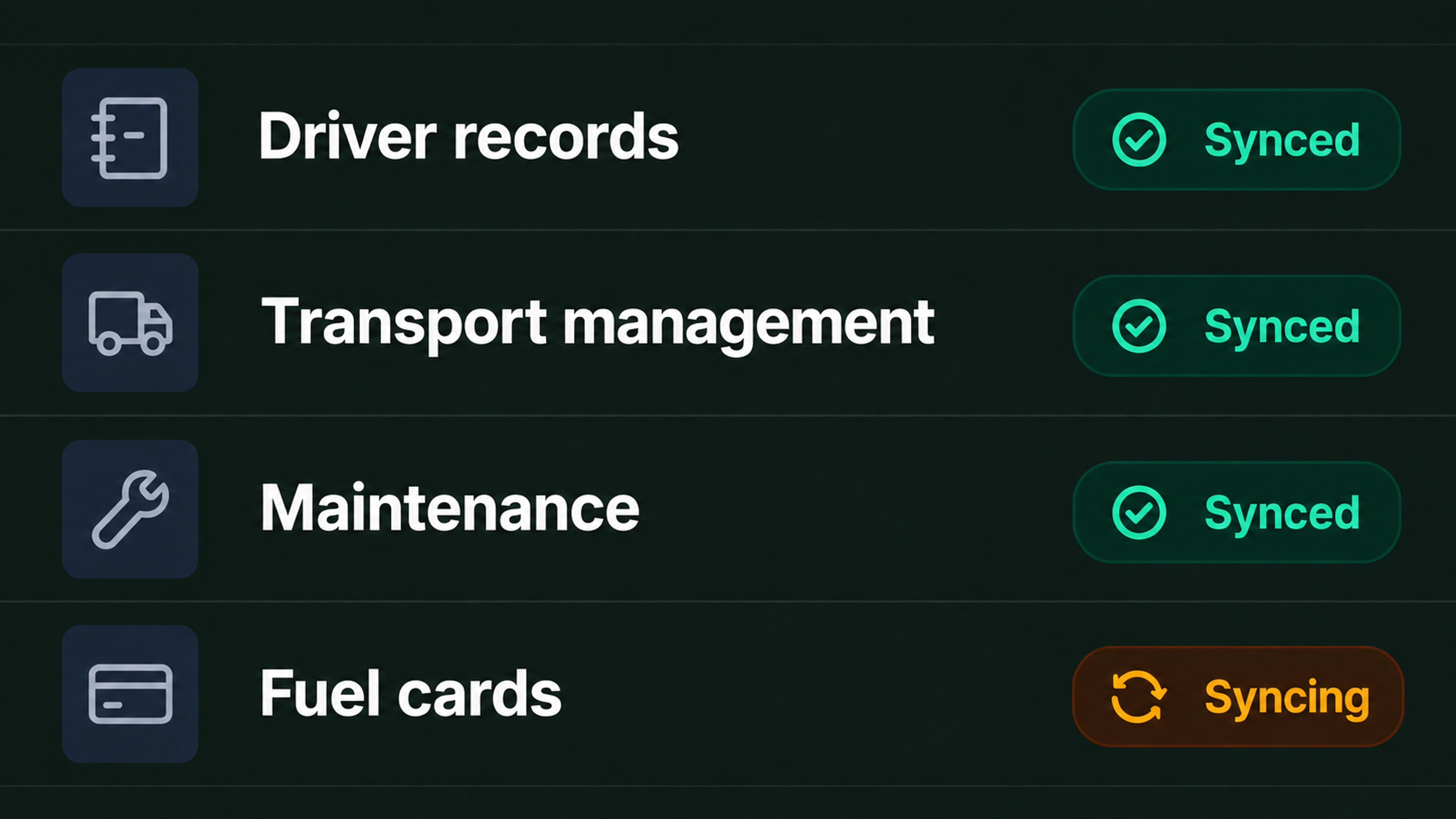 Integrations view: connected system categories with their sync status.