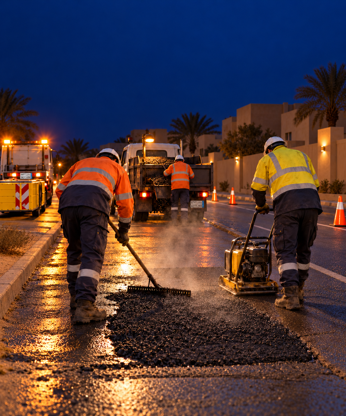 Photograph: a road maintenance crew at a work zone at dusk. Dark and cool, room at the top, no text in the artwork.