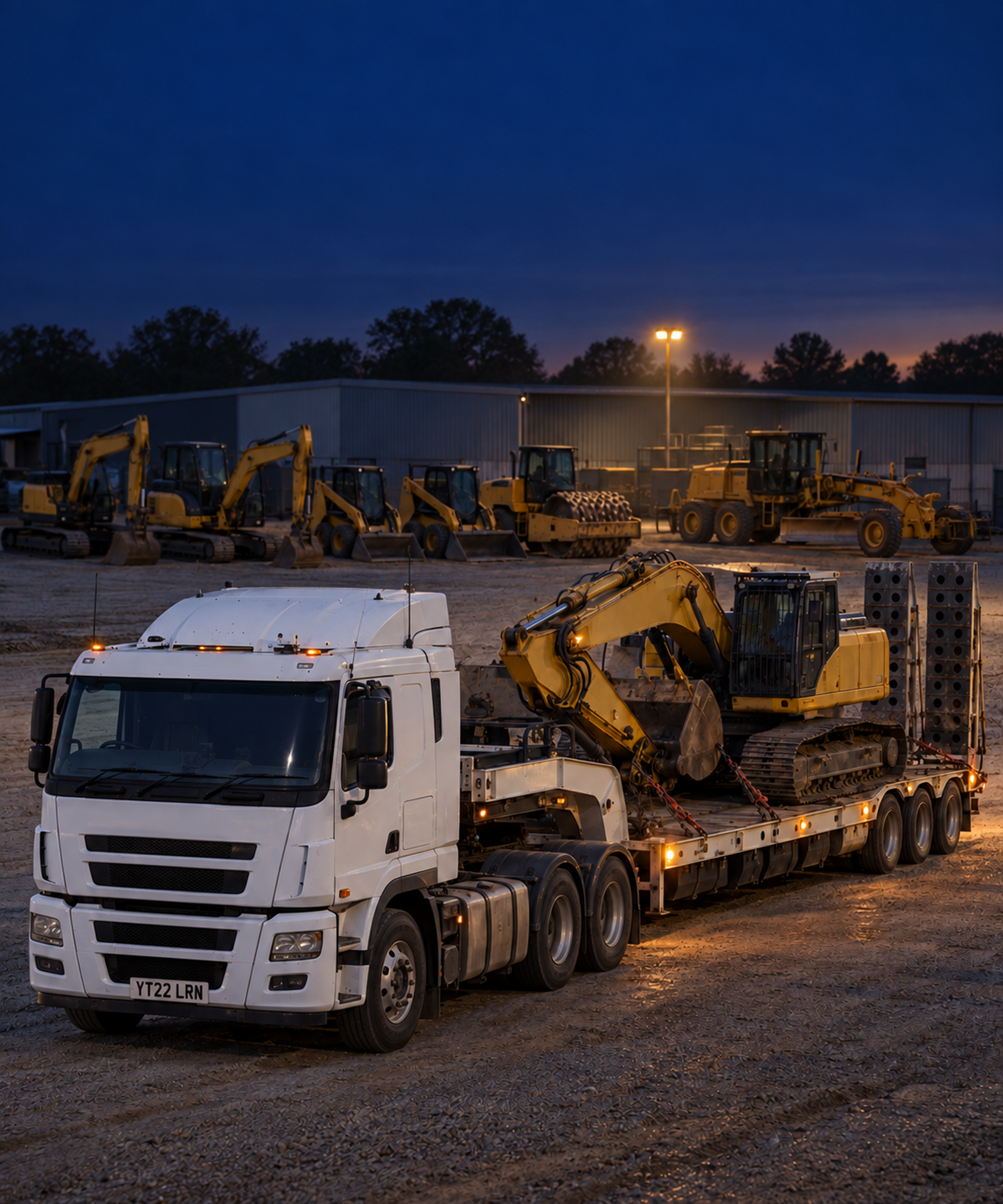 Photograph: a plant yard at first light, machines lined up. Dark and cool, room at the top, no text in the artwork.