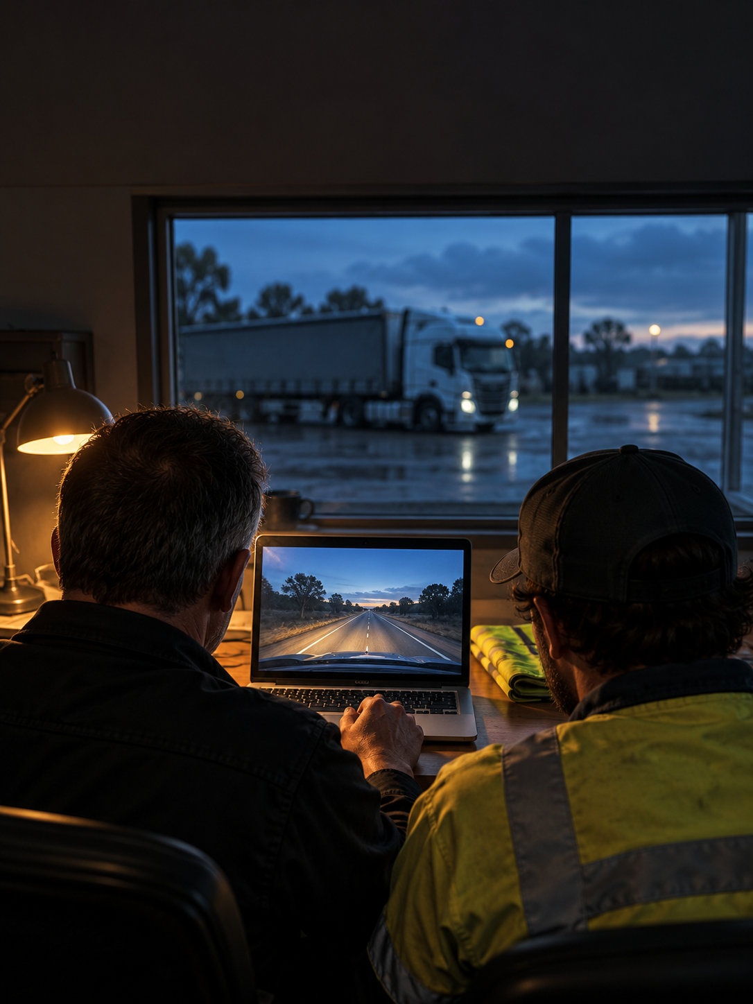 A coaching conversation at the depot, the recorded event playing on a laptop