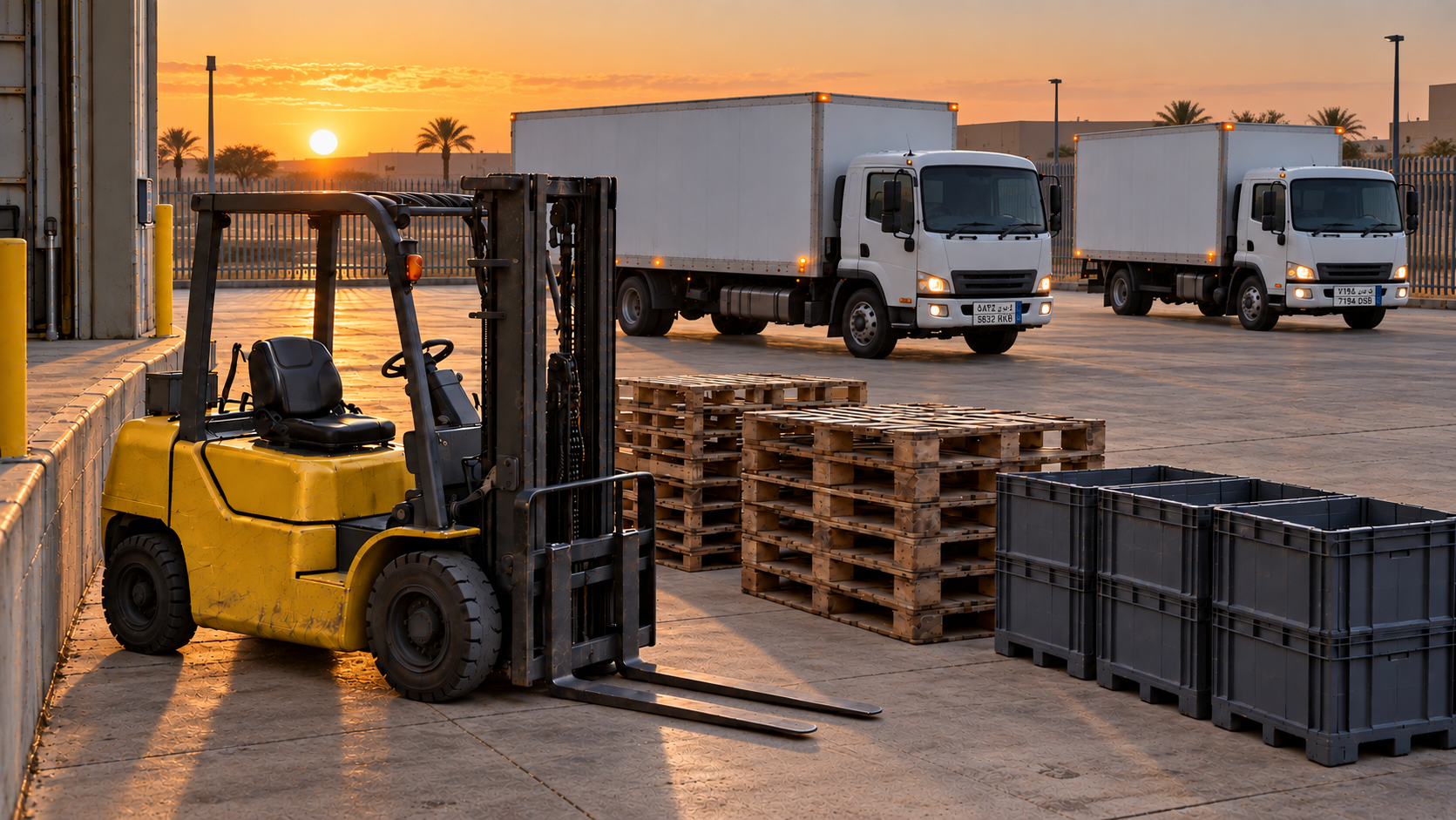 Editorial image: a depot yard at first light. No text in the artwork.