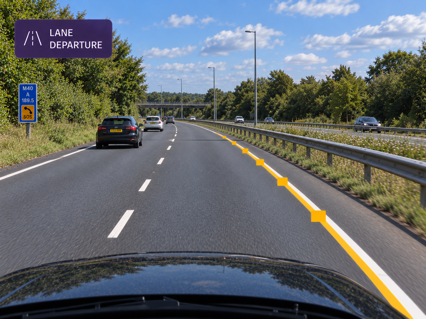 Vision360 lane departure: road-facing frame with the lane lines tracked and the drift marked.