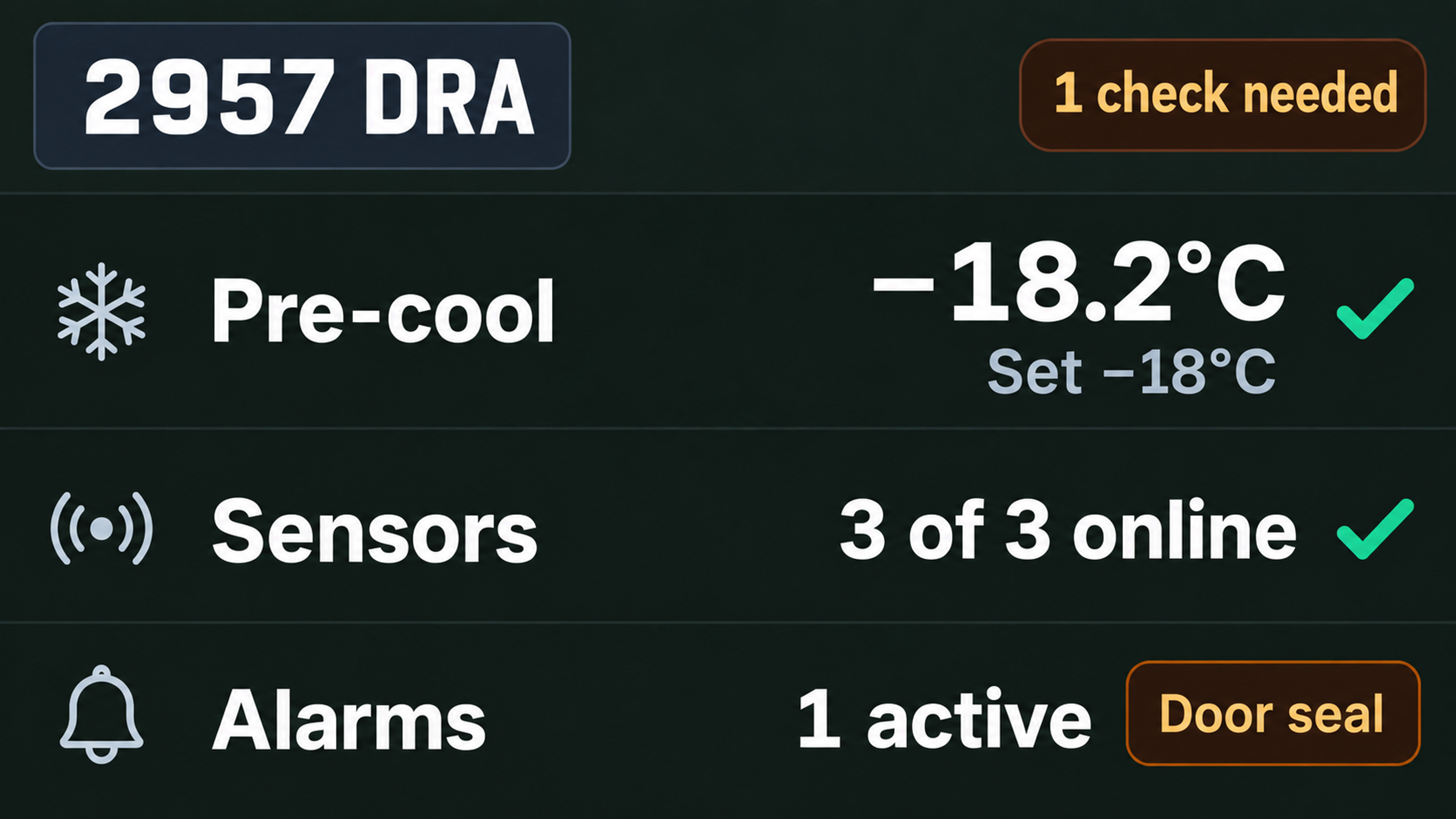 Readiness view: pre-cool, set point, sensors and alarms before departure.