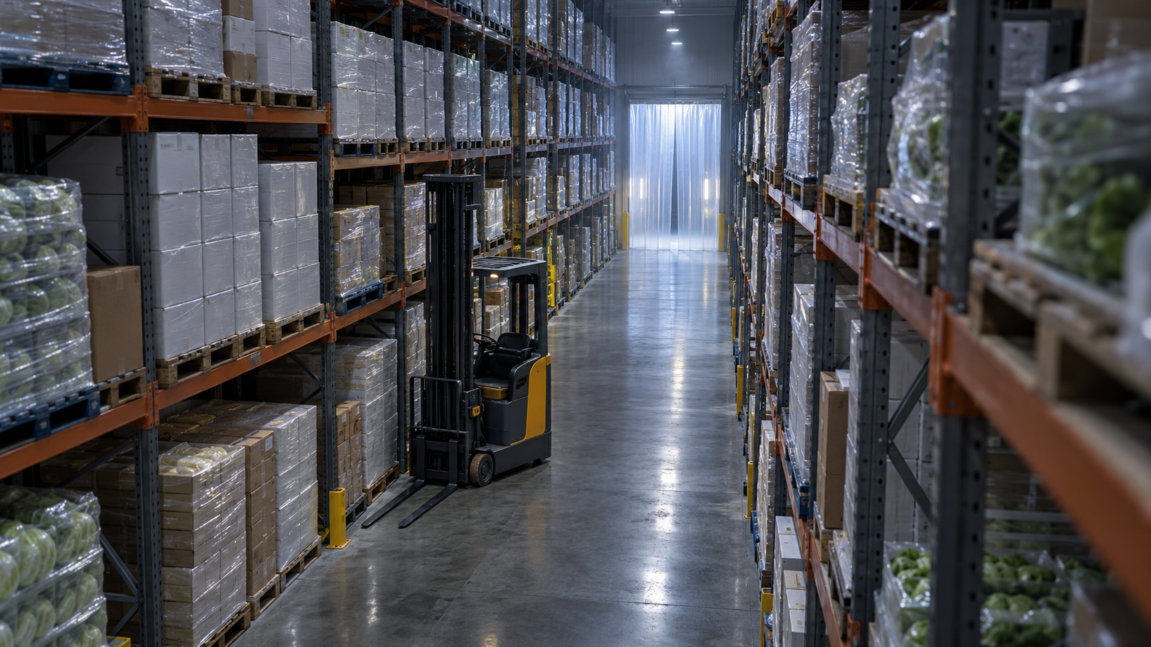 Editorial image: a chilled distribution centre interior. No text in the artwork.