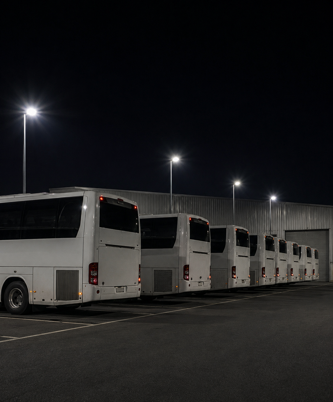 Photograph: a coach depot at night, vehicles lined up and lit from above. Dark and cool, room at the top, no text in the artwork.