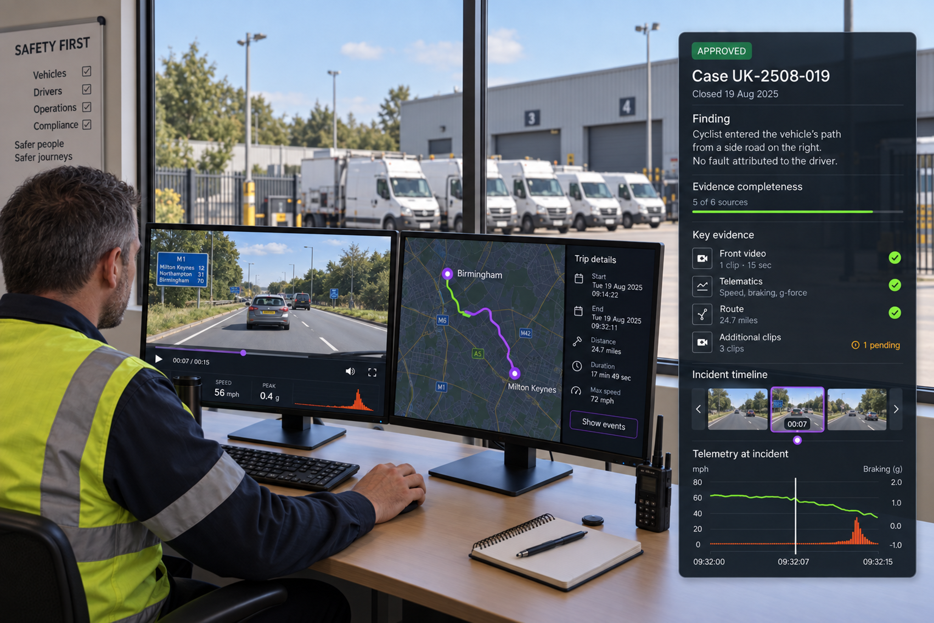 Vision360 investigation workspace: the case reference with its under-review status and evidence completeness meter, the front camera player beside the driver, left, right and cabin views, the event timeline with event, selected clip and AI highlight markers, and the case context panel. 4:3, dark UI, 2000x1500.