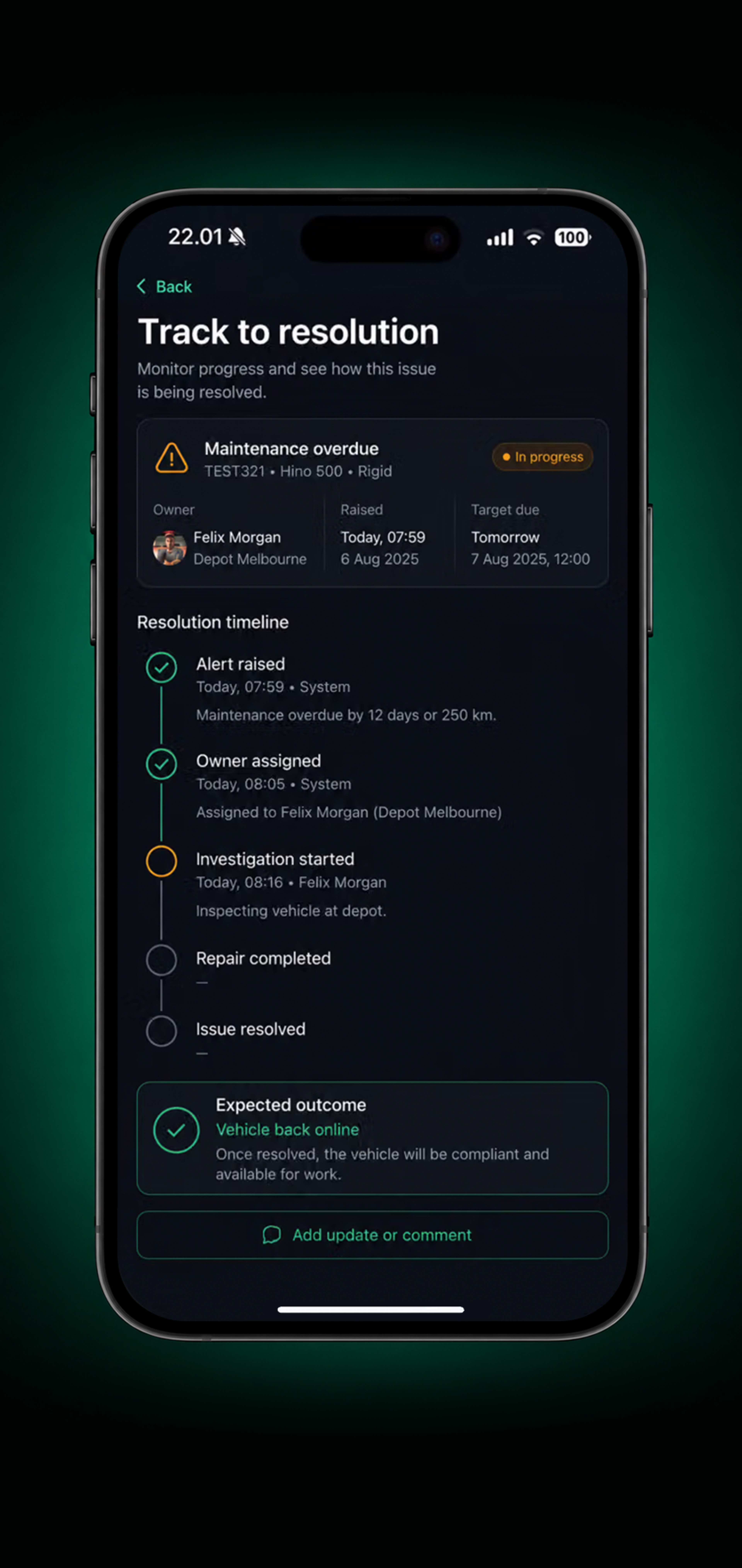 Drive360 app: exception resolved with the action recorded