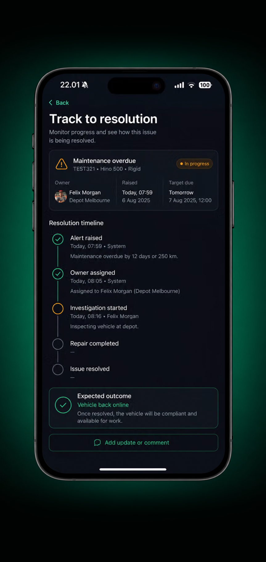 Drive360 app: exception resolved with the action recorded