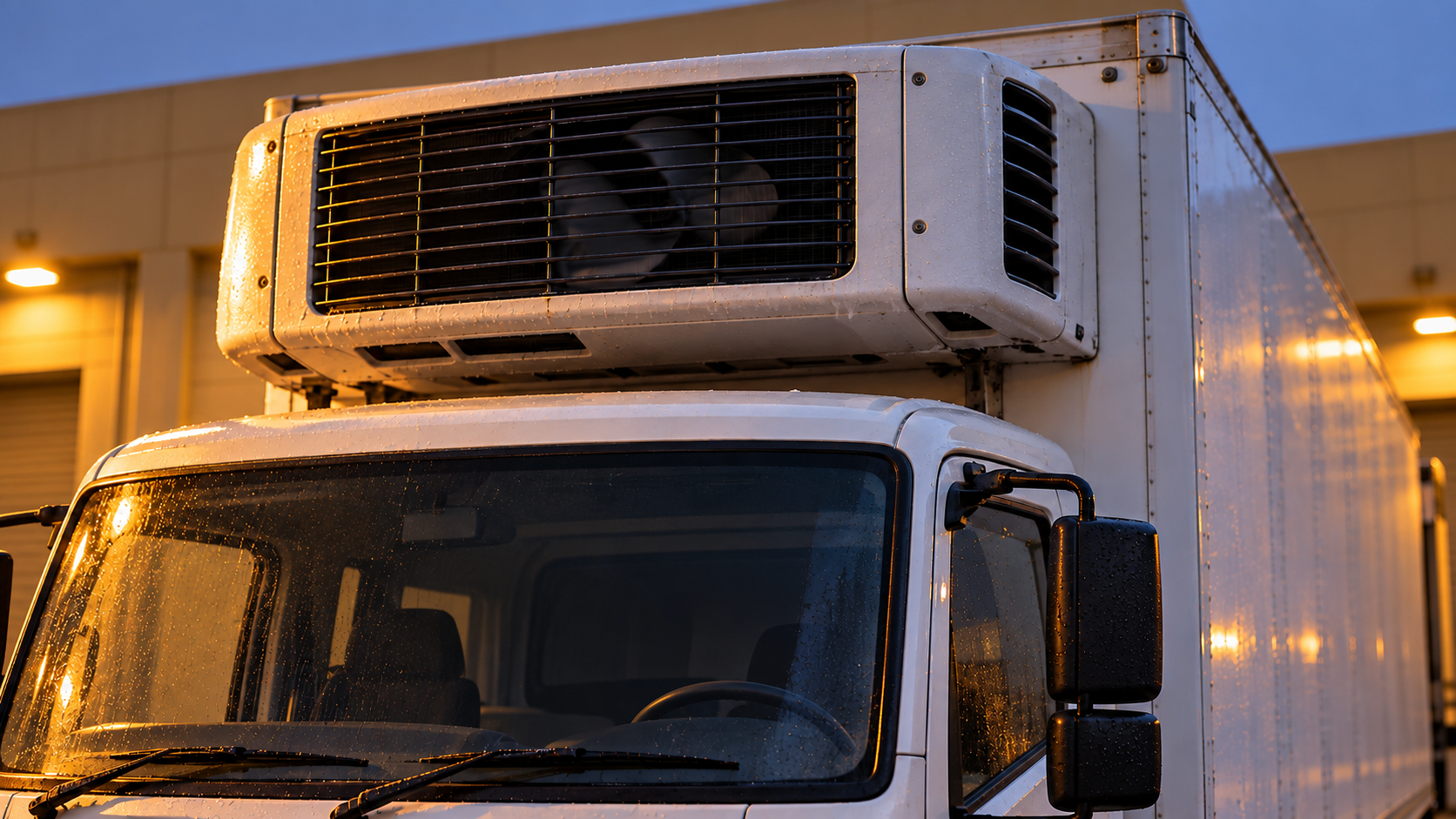 Editorial image: a reefer unit at a dock at dawn. No text in the artwork.