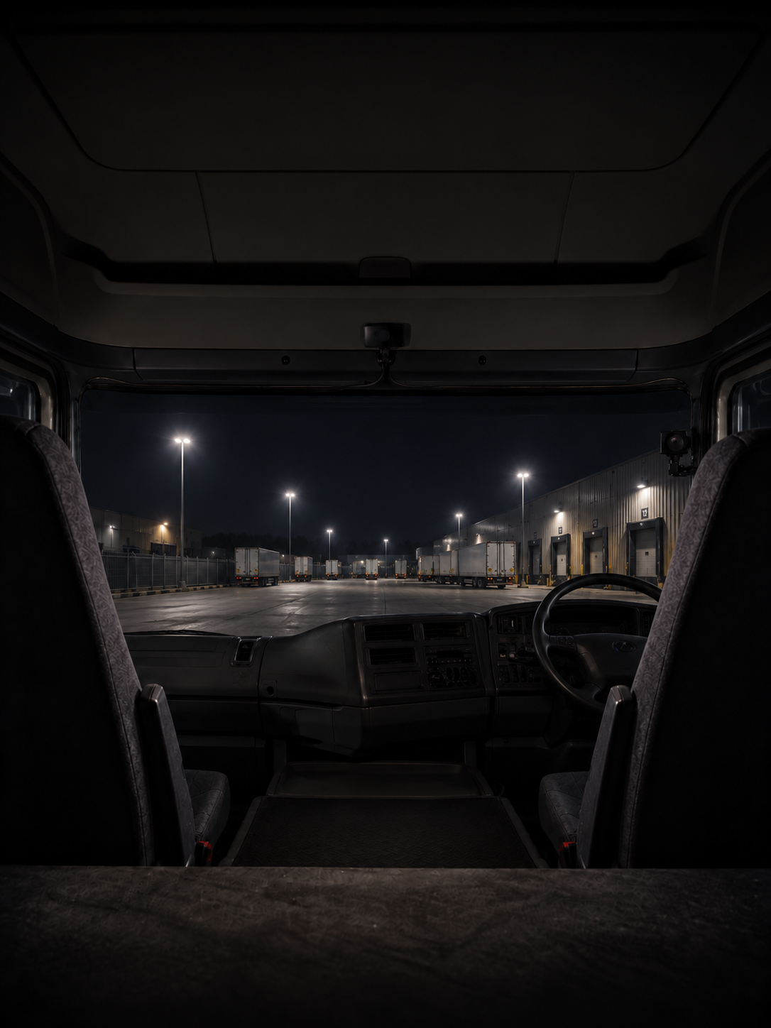 Photograph: a cab interior at night, camera mounted at the screen. Dark and cool, room at the top, no text in the artwork.