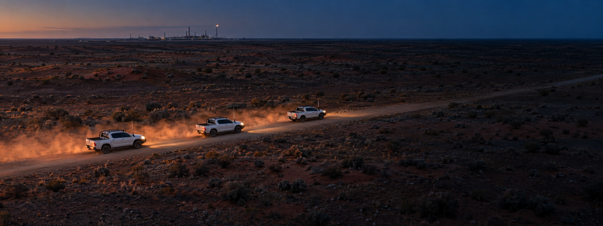 Photograph: a light vehicle convoy on a remote access road at dusk, shot from height, plant infrastructure distant on the horizon. No visible manufacturer badges, liveries or text. Dark and cool enough for a panel to sit over the right third. 2400x900.