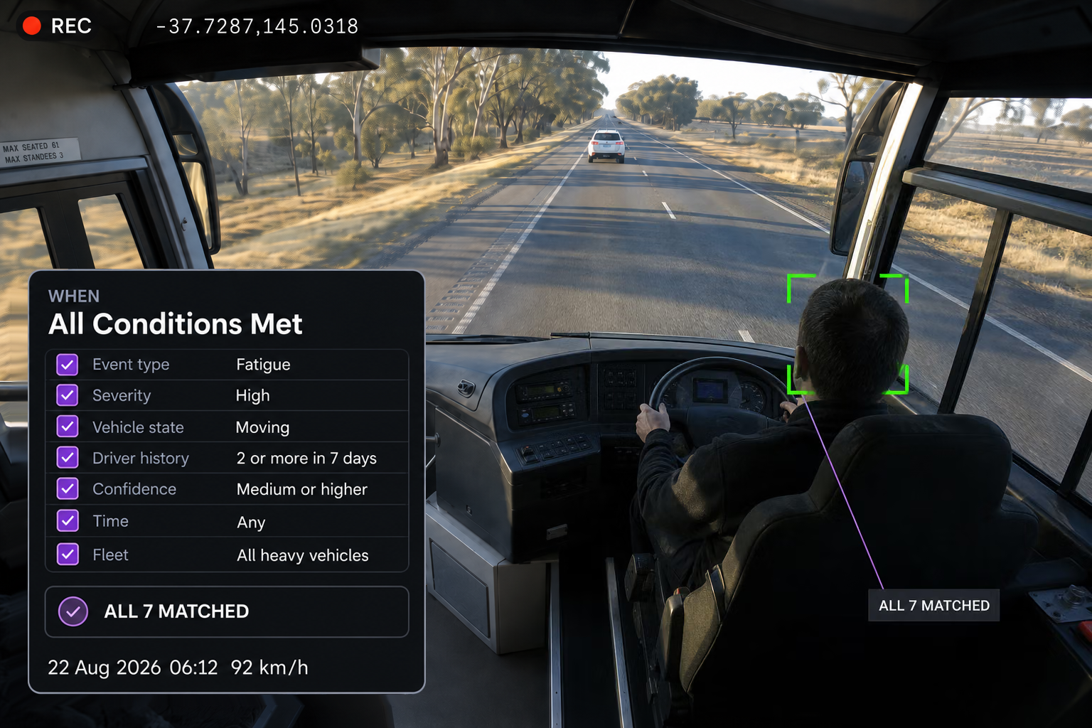The WHEN column of the rule builder listing event type, severity, vehicle state, driver history, confidence, time and fleet. 4:3, dark UI.