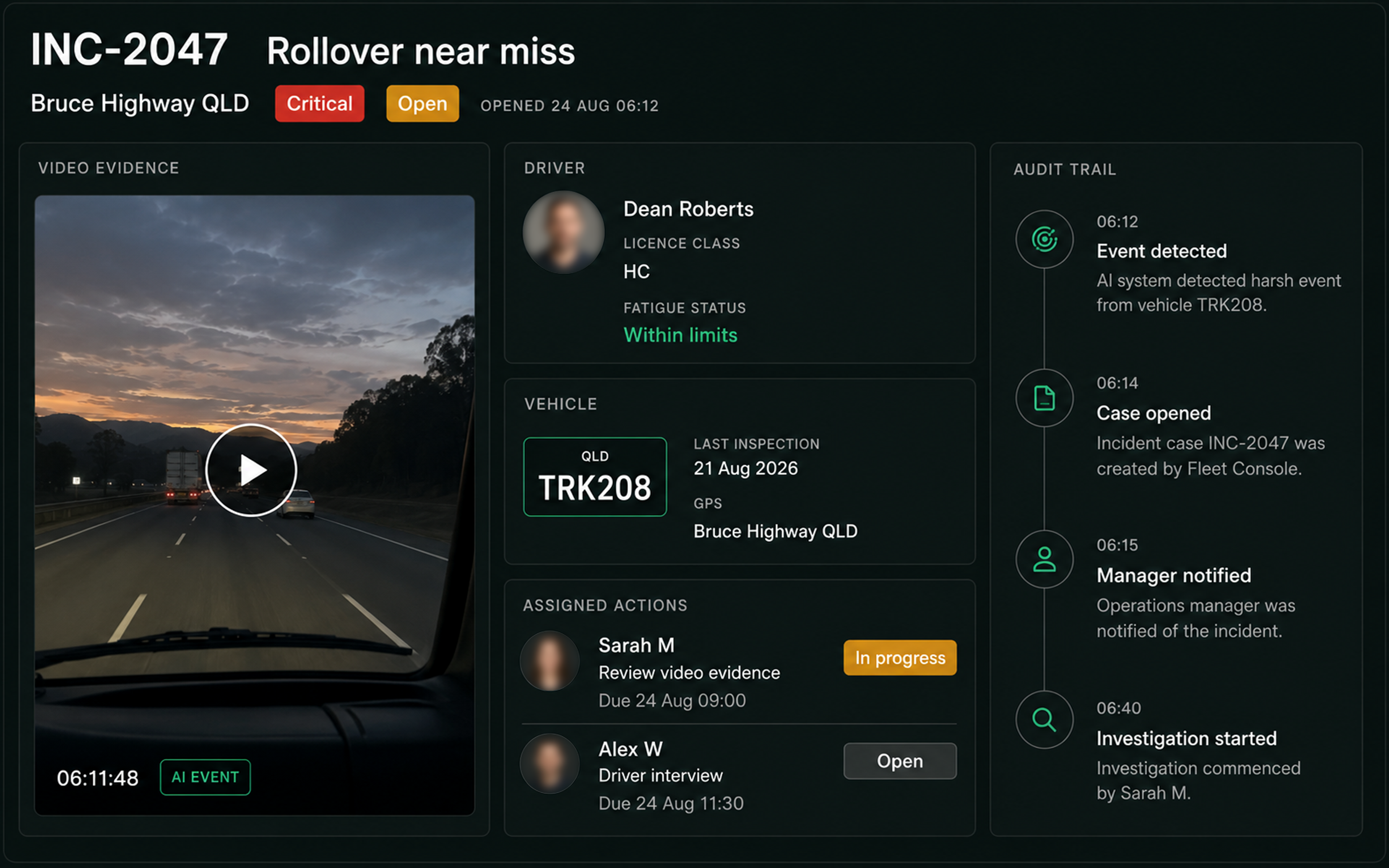 Incident command view: the open case with its severity and status, the linked video evidence, the driver and vehicle record, the assigned actions and the audit trail.