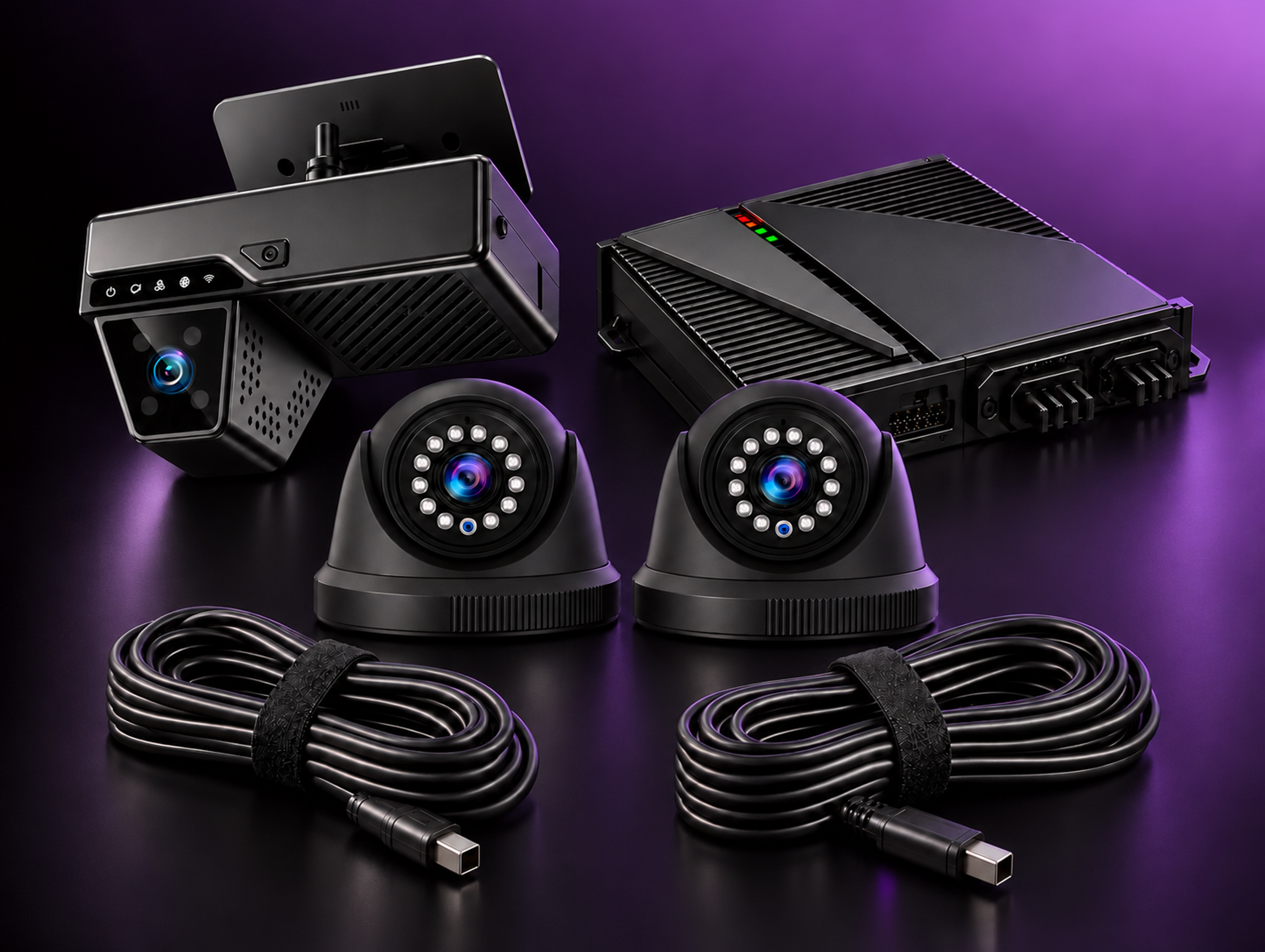 Vehicle camera kit on a plain ground, three-quarter view.