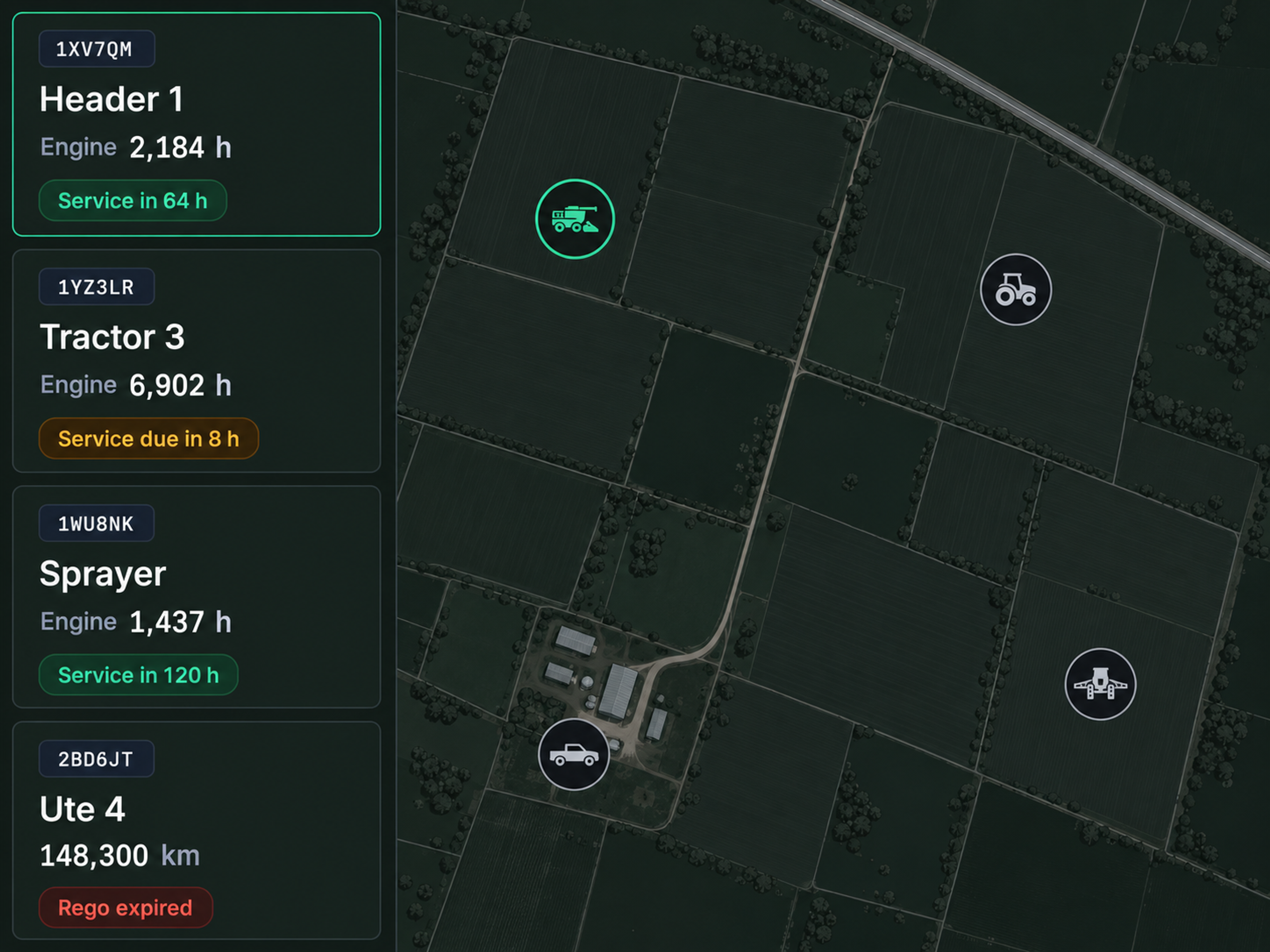 Drive360 machinery view: tractors, utes and implements on a property map with engine hours and service due beside each one.
