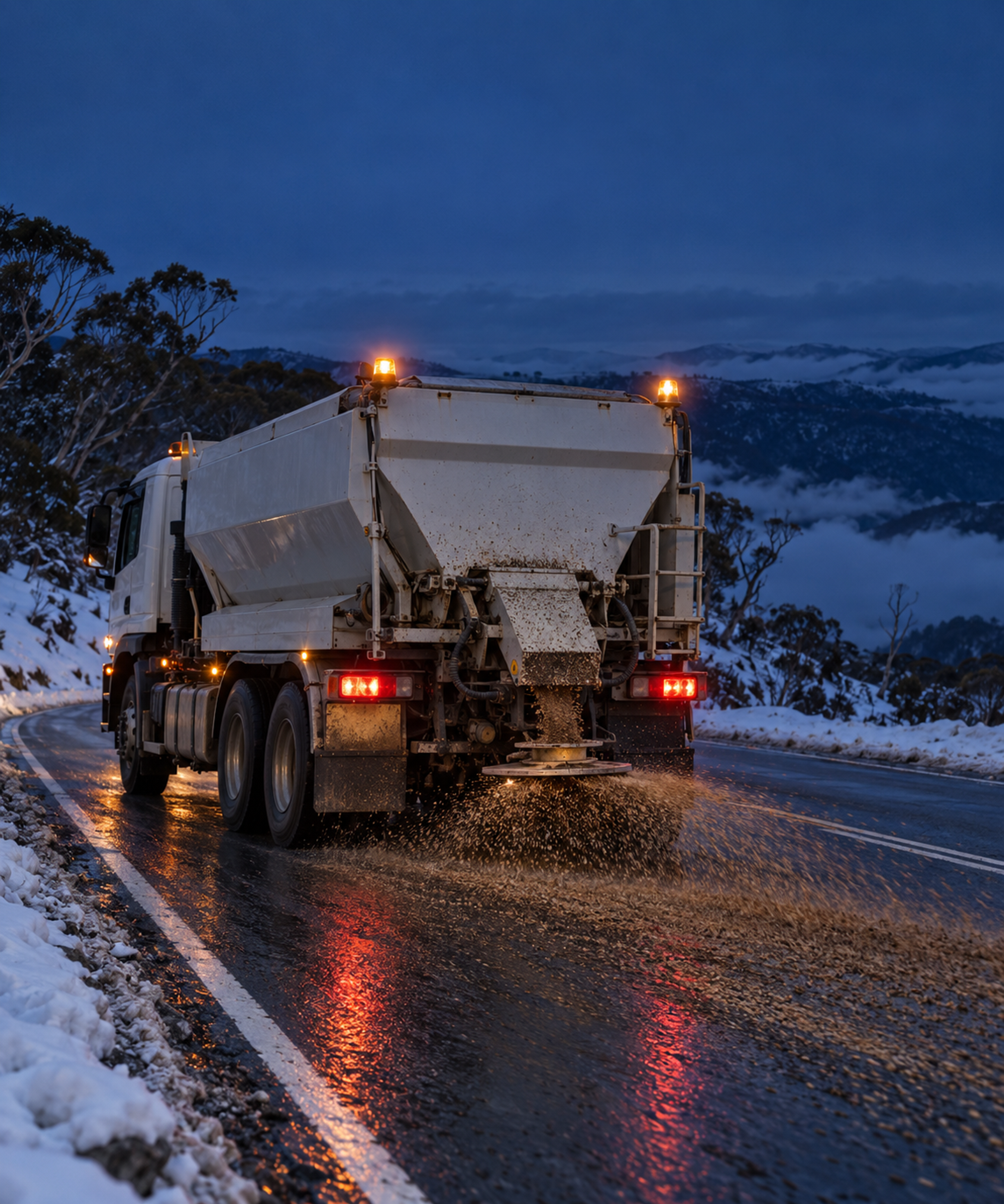 Photograph: a gritter on a treated road at dawn in winter. Dark and cool, room at the top, no text in the artwork.