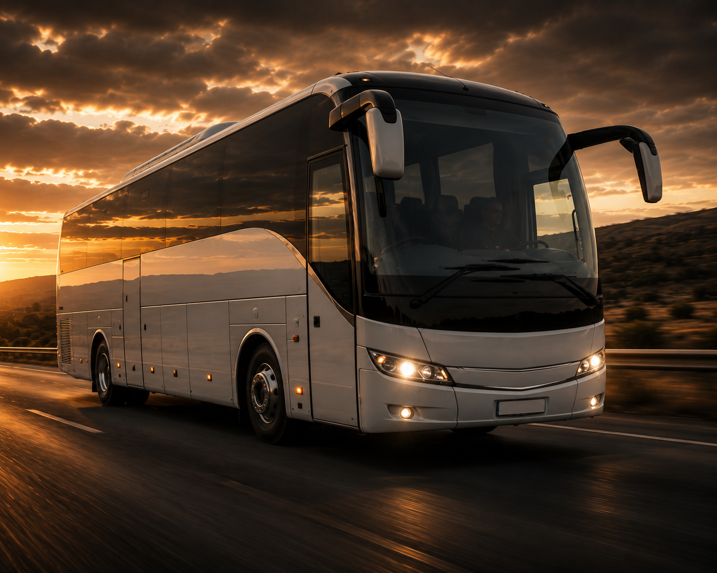 Coach on the highway at golden hour