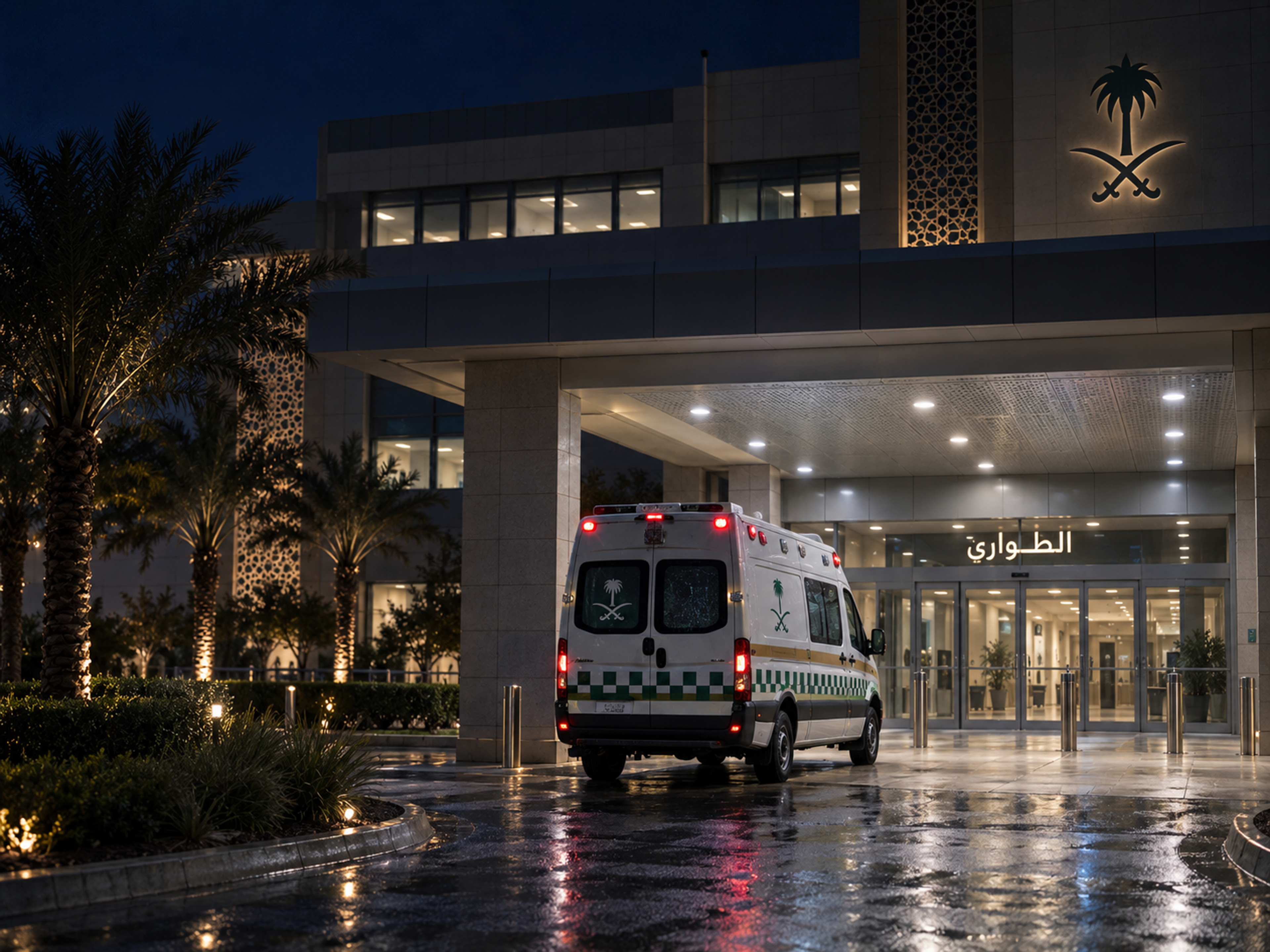 Photograph: a hospital service entrance at night, a vehicle at the bay. Dark and cool, no text in the artwork.