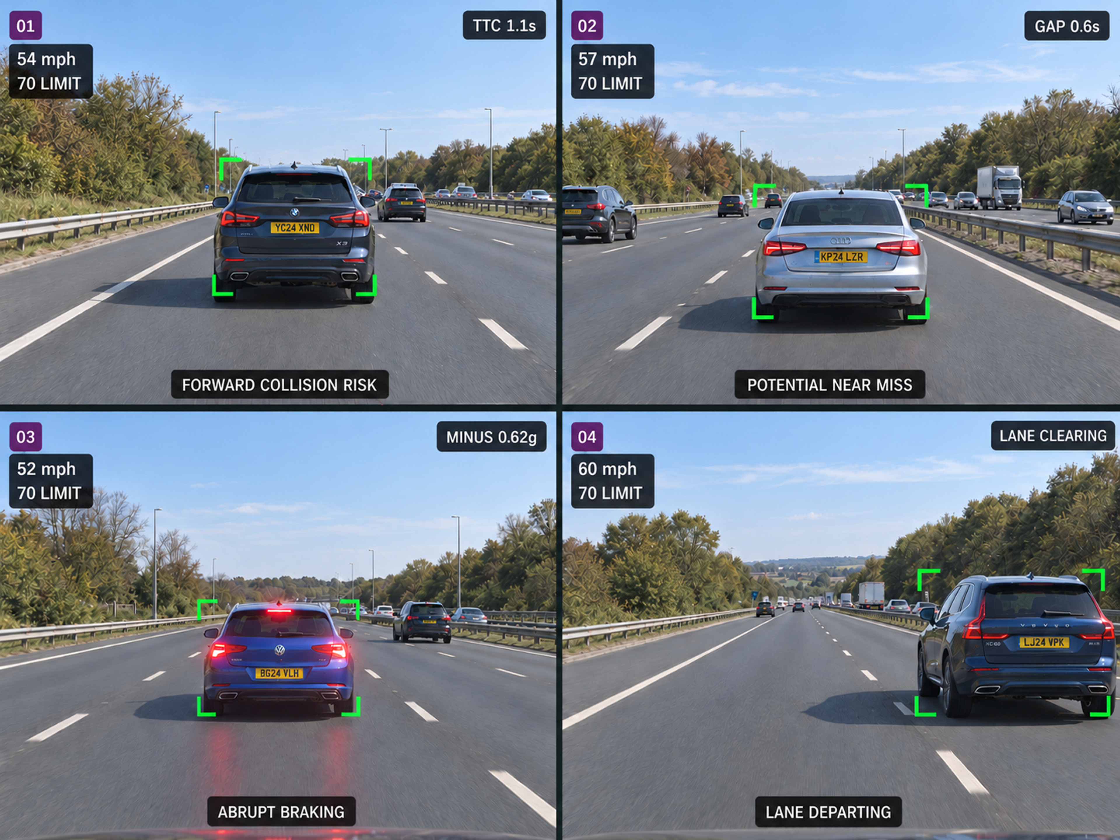 The four supported forward-road events as road-facing camera stills: collision risk with the lead vehicle boxed, a near-miss with two vehicles boxed, an abrupt braking event, and a lead vehicle clearing the lane. 4:3, dark UI.
