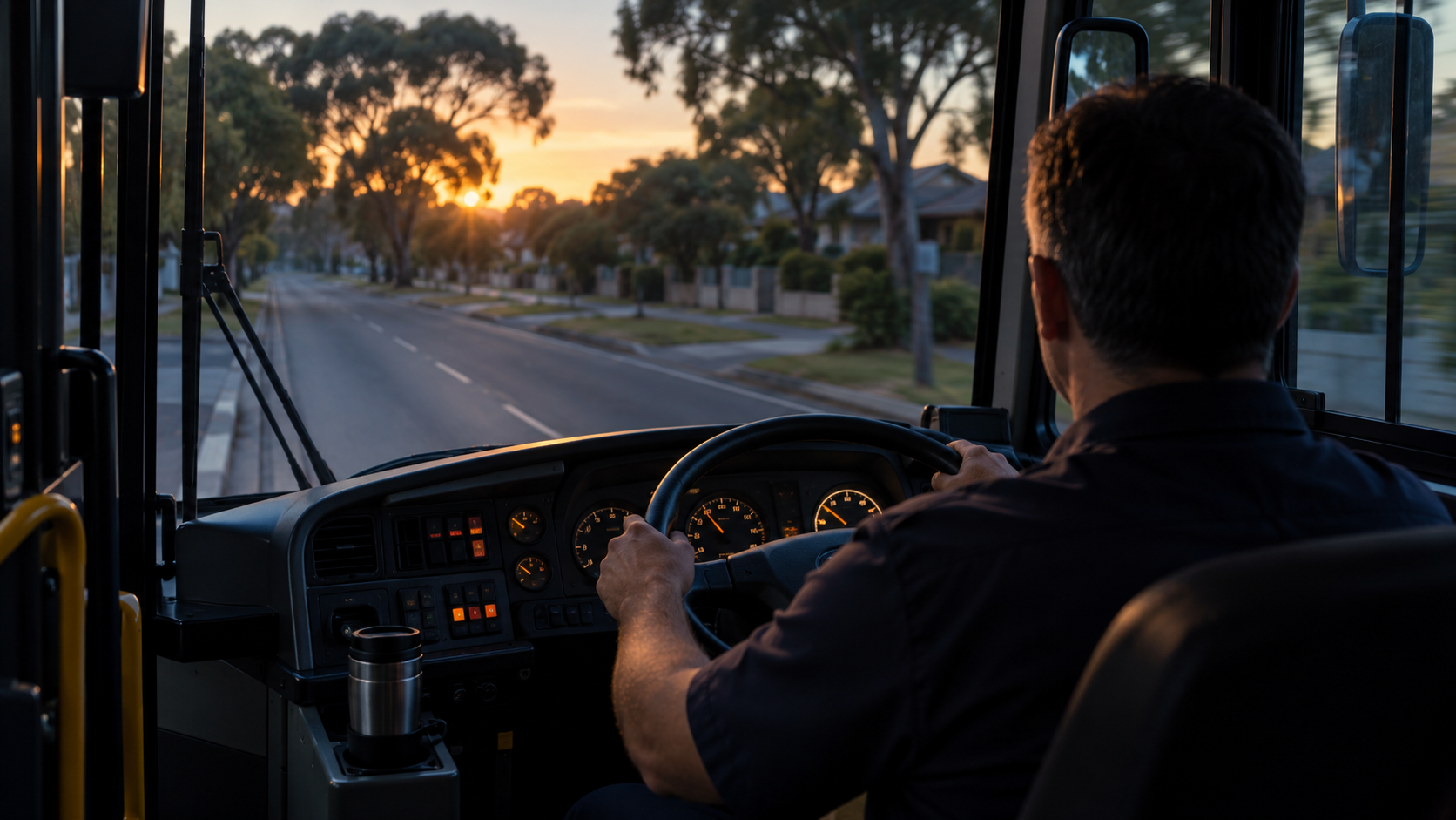 Editorial image: a driver in cab at dawn, warm light. No text in the artwork.